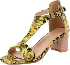 Ladies Fashion Snakeskin Leather Open Toe T Shaped Thick High Heeled Vintage Sandals