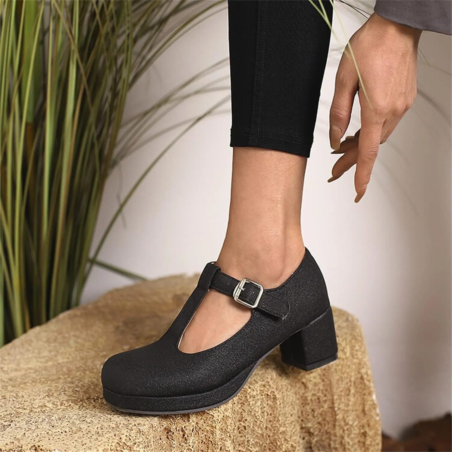 Ladies Fashion Solid Color Leather T Shaped Round Toe Thick High Heeled Single Shoes Women Sandals