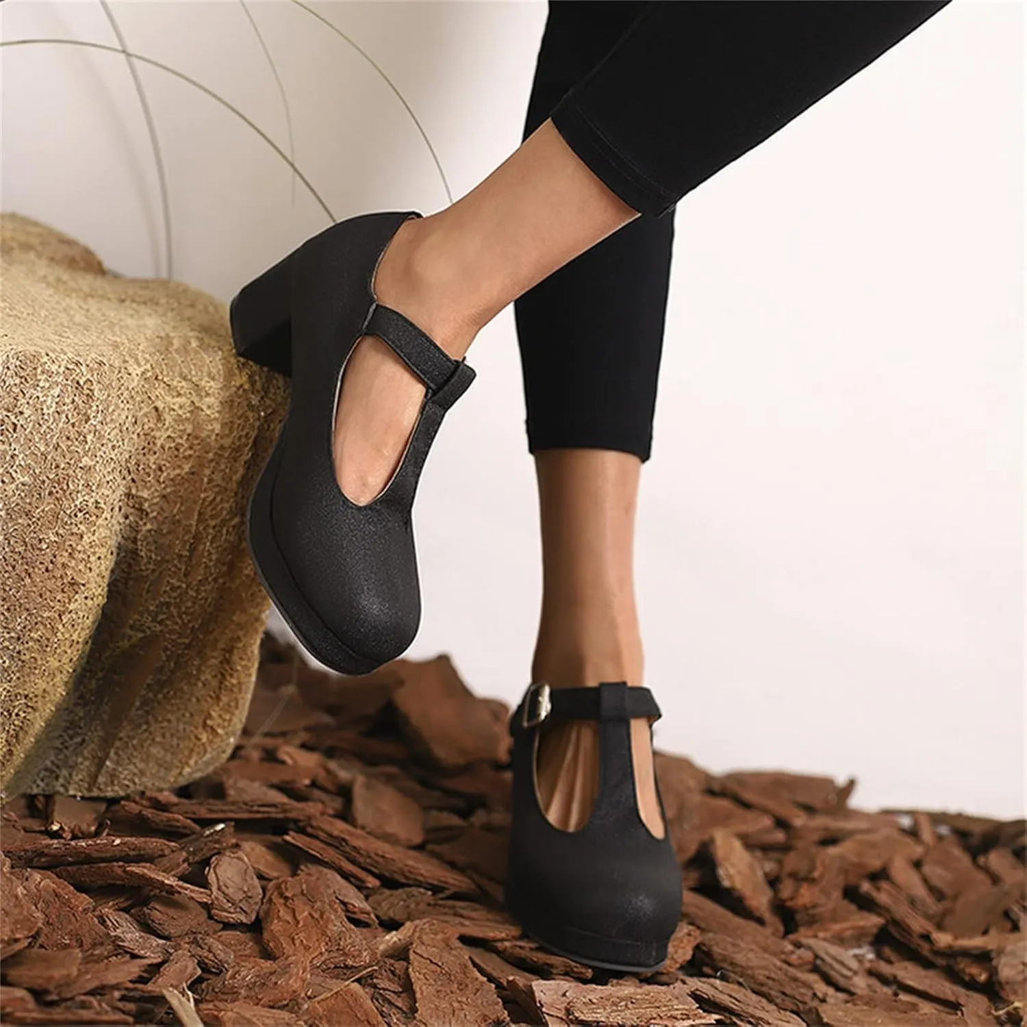 Ladies Fashion Solid Color Leather T Shaped Round Toe Thick High Heeled Single Shoes Women Sandals