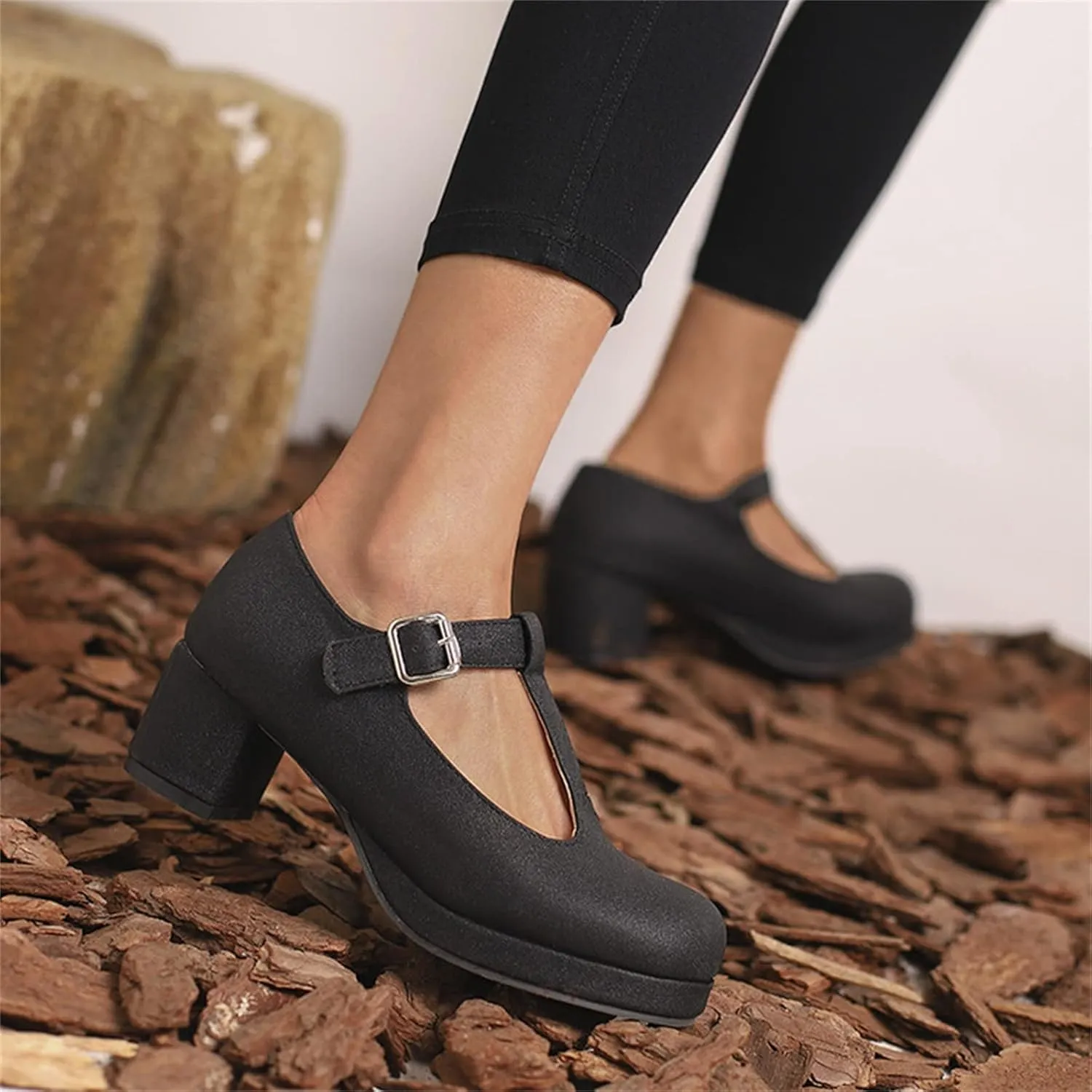 Ladies Fashion Solid Color Leather T Shaped Round Toe Thick High Heeled Single Shoes Women Sandals