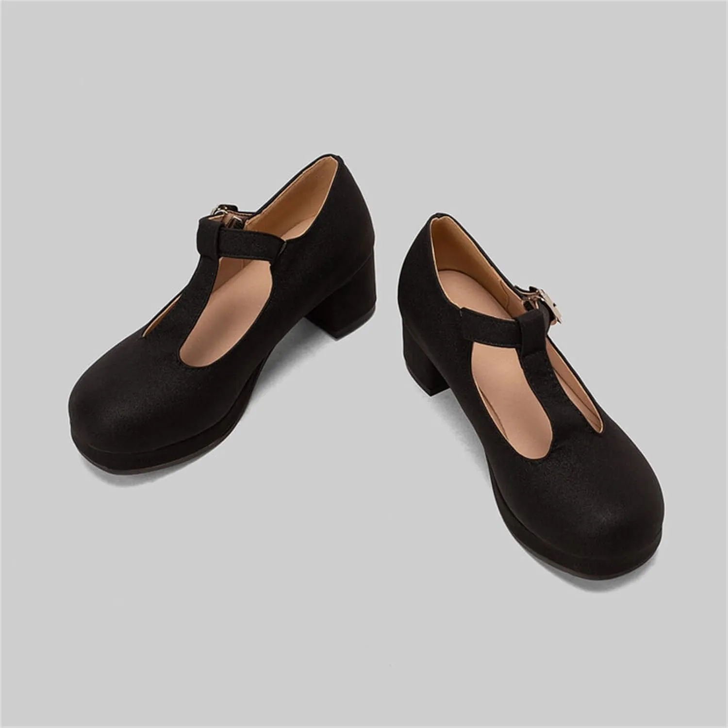 Ladies Fashion Solid Color Leather T Shaped Round Toe Thick High Heeled Single Shoes Women Sandals