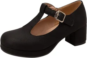 Ladies Fashion Solid Color Leather T Shaped Round Toe Thick High Heeled Single Shoes Women Sandals