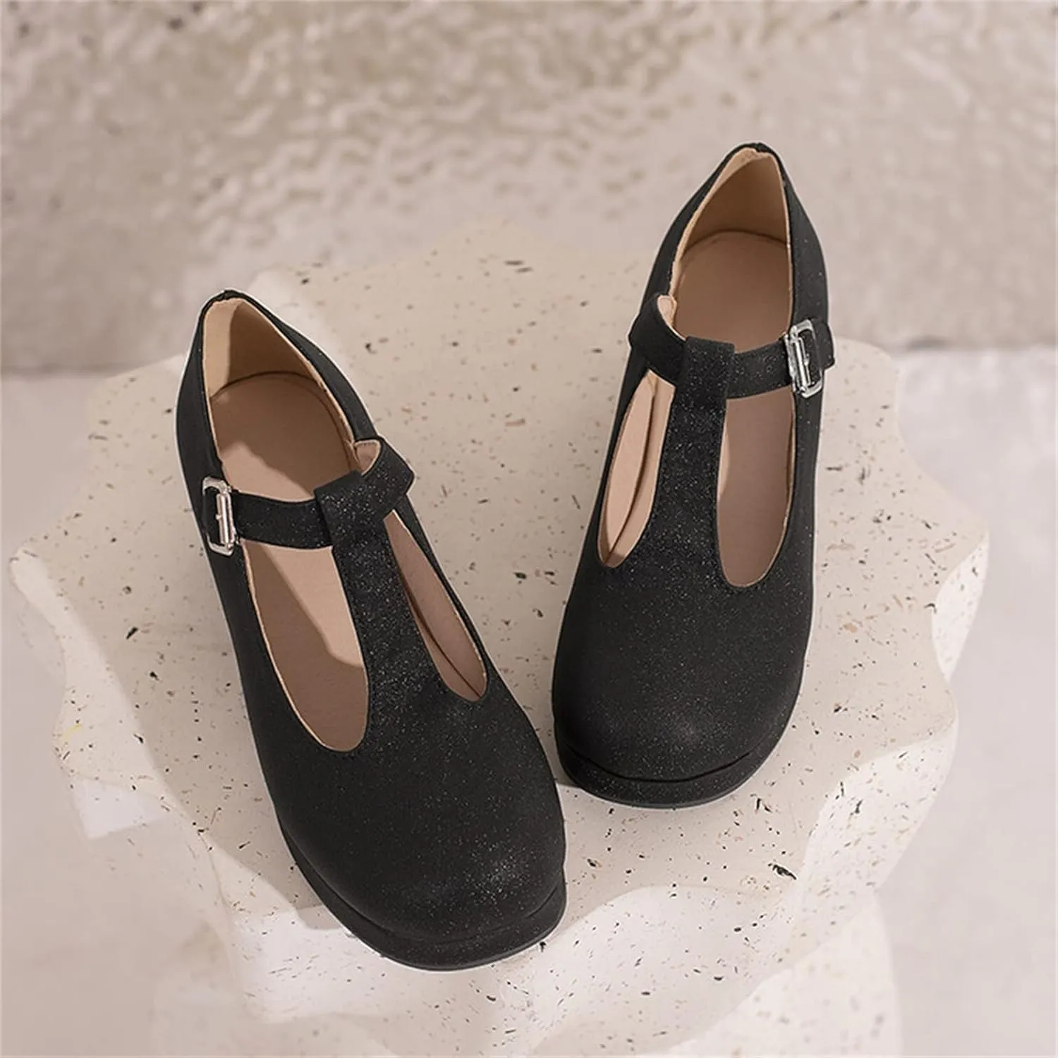 Ladies Fashion Solid Color Leather T Shaped Round Toe Thick High Heeled Single Shoes Women Sandals