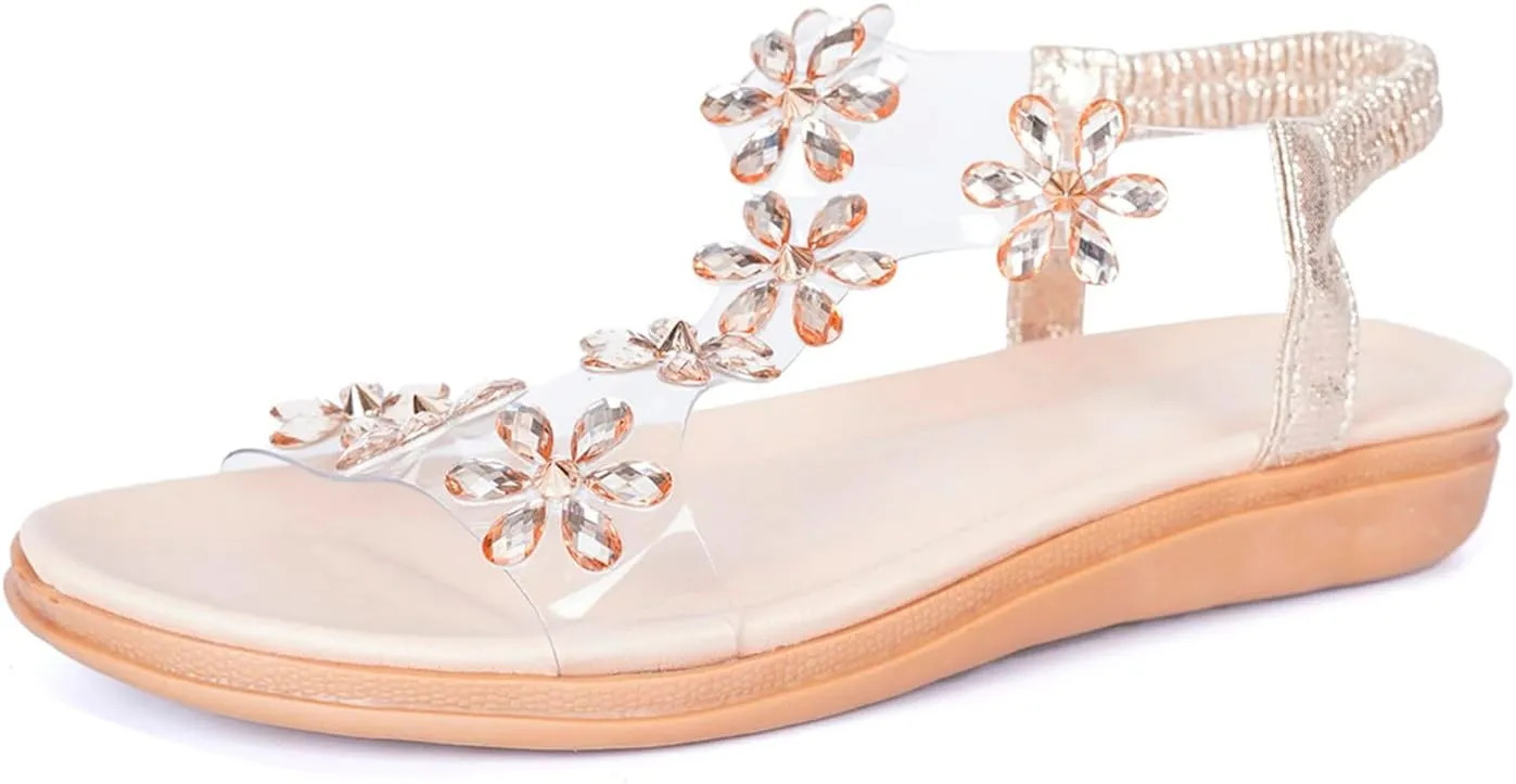 Ladies Flat Sandals Summer Beach Boho Flower Water Shoes For Women With Non Slip Comfy Strappy Sandals