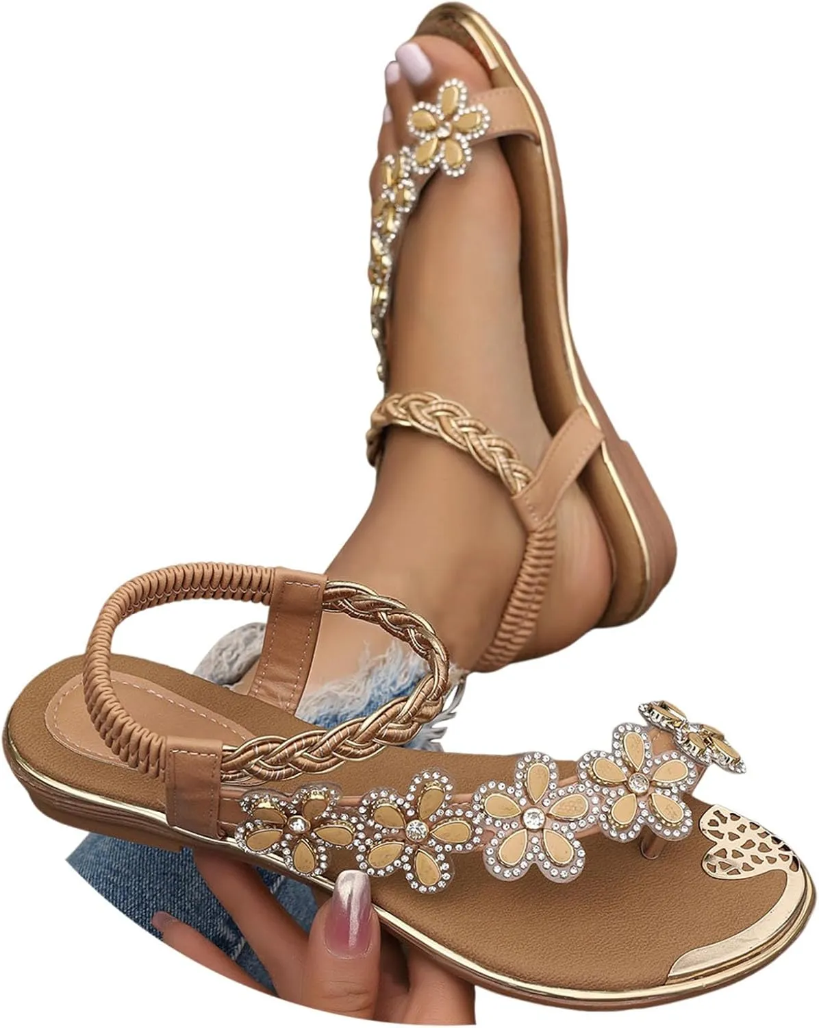 Ladies Flat Sandals Summer Beach Boho Flower Water Shoes For Women With Non Slip Comfy Strappy Sandals