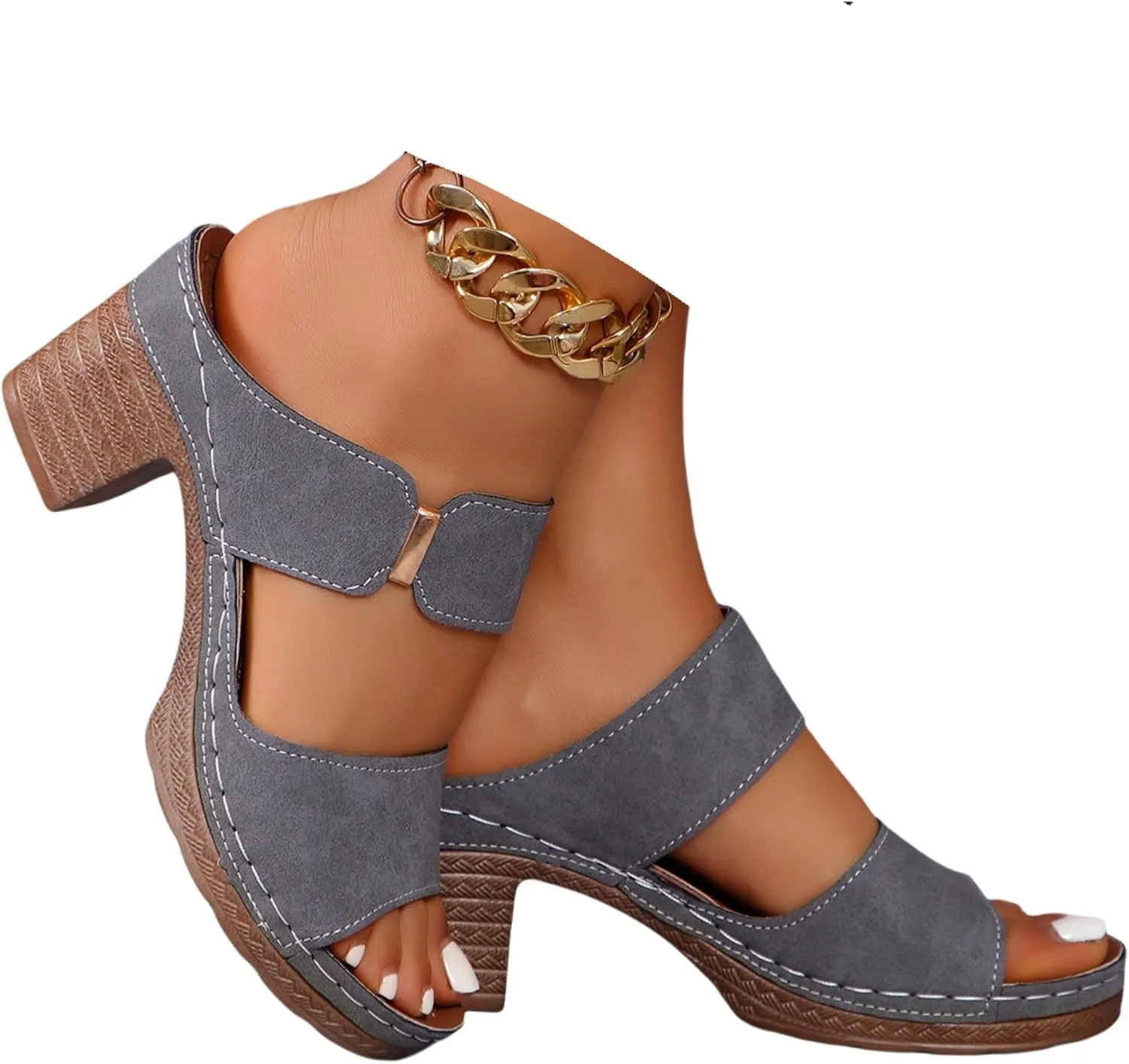 Ladmiple Chunky Heels For Women Backless Open Toe Heeled Sandals Slip On Block Mid Heels Comfortable Ankle Strap Pumps Shoes