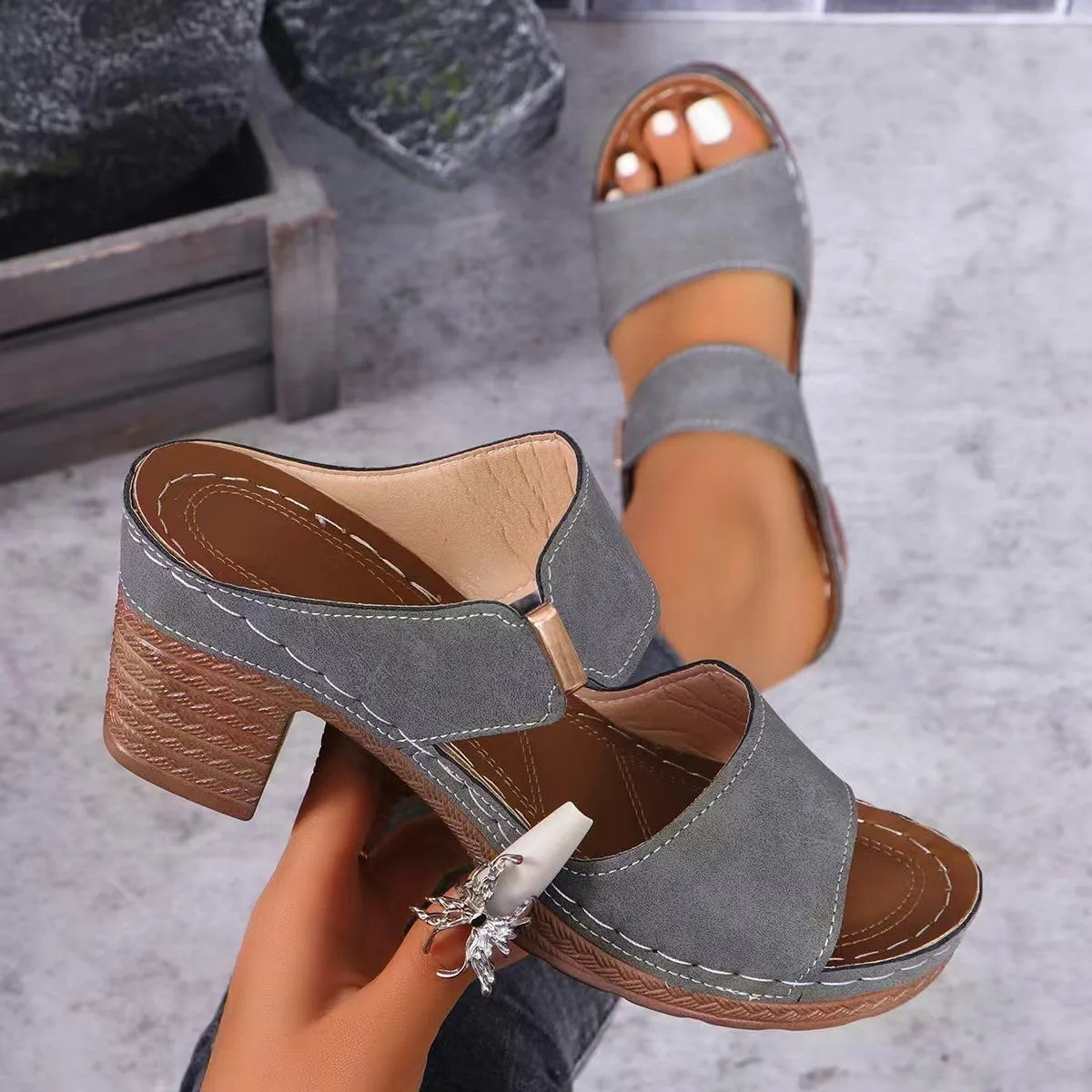 Ladmiple Chunky Heels For Women Backless Open Toe Heeled Sandals Slip On Block Mid Heels Comfortable Ankle Strap Pumps Shoes