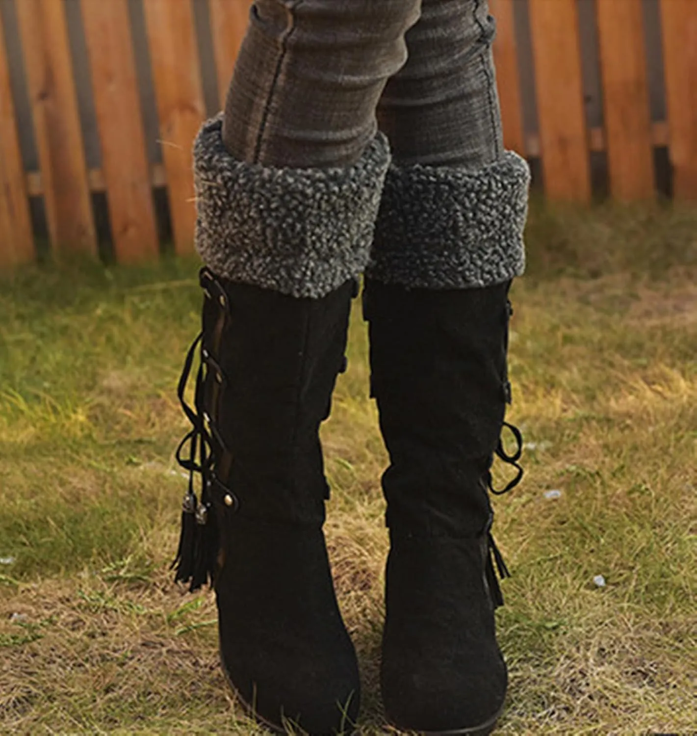Ladmiple Snow Boots For Women Tall Mid Calf Warm Comfortable Slip On Outdoor Fur Lined Lining Thickening Winter Shoes