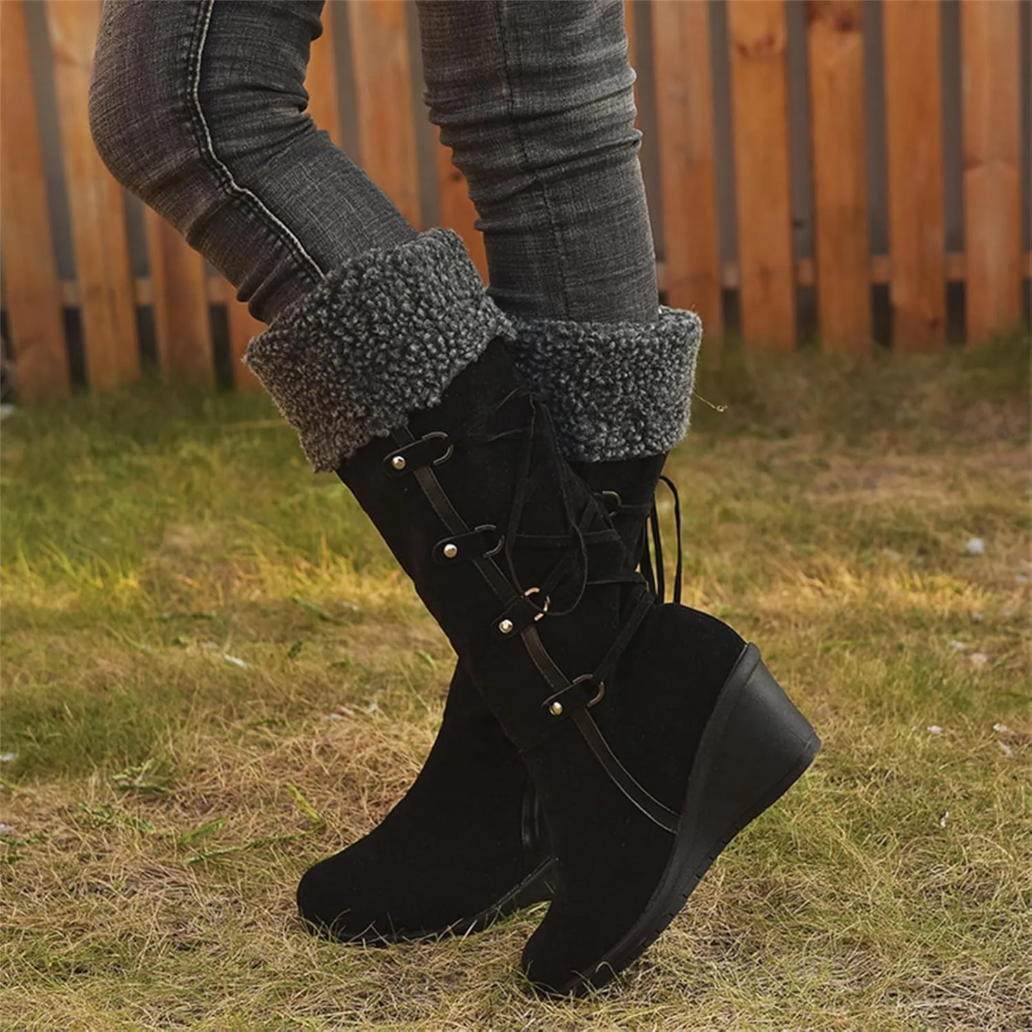 Ladmiple Snow Boots For Women Tall Mid Calf Warm Comfortable Slip On Outdoor Fur Lined Lining Thickening Winter Shoes