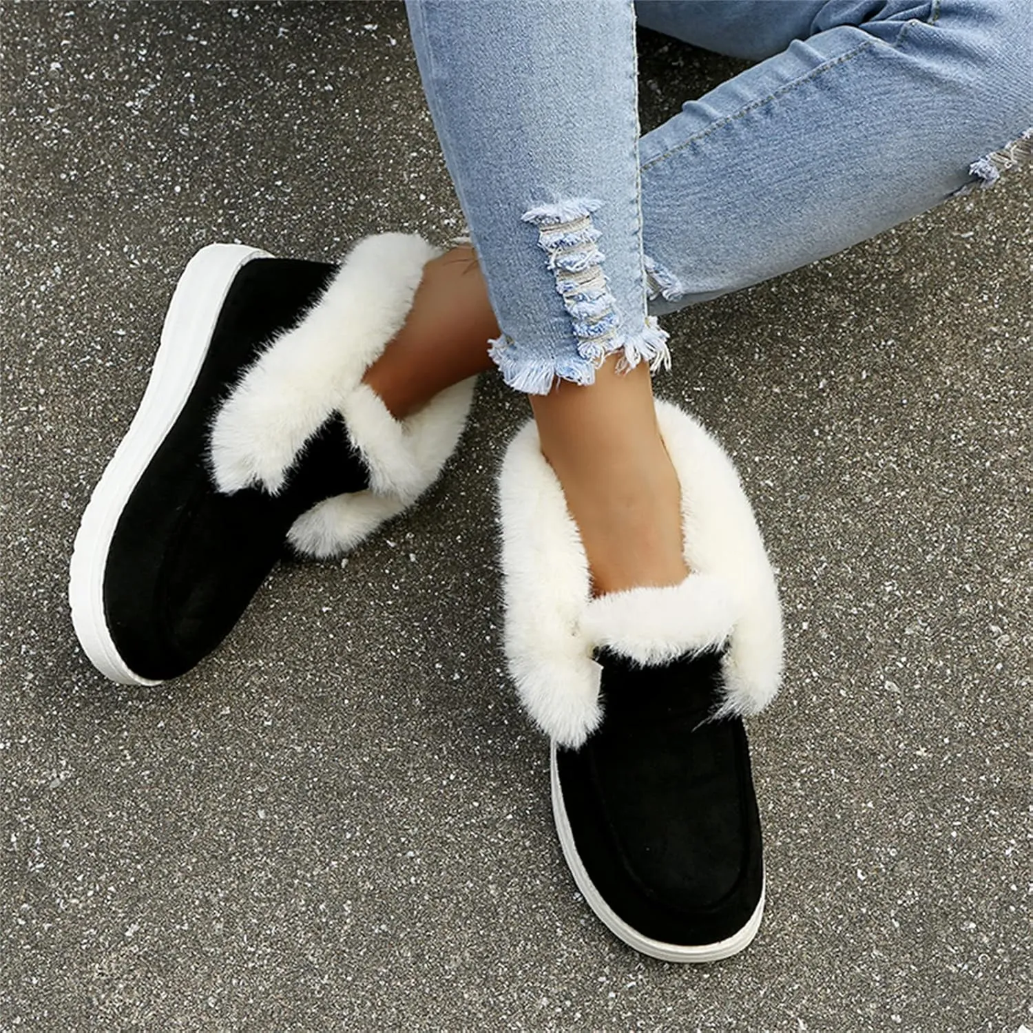 Ladmiple Snow Boots For Women Wide Faux Fur Lined Casual Slip-on Warm Loafers Shoes Winter Ankle Boots Outdoor Walking Shoes