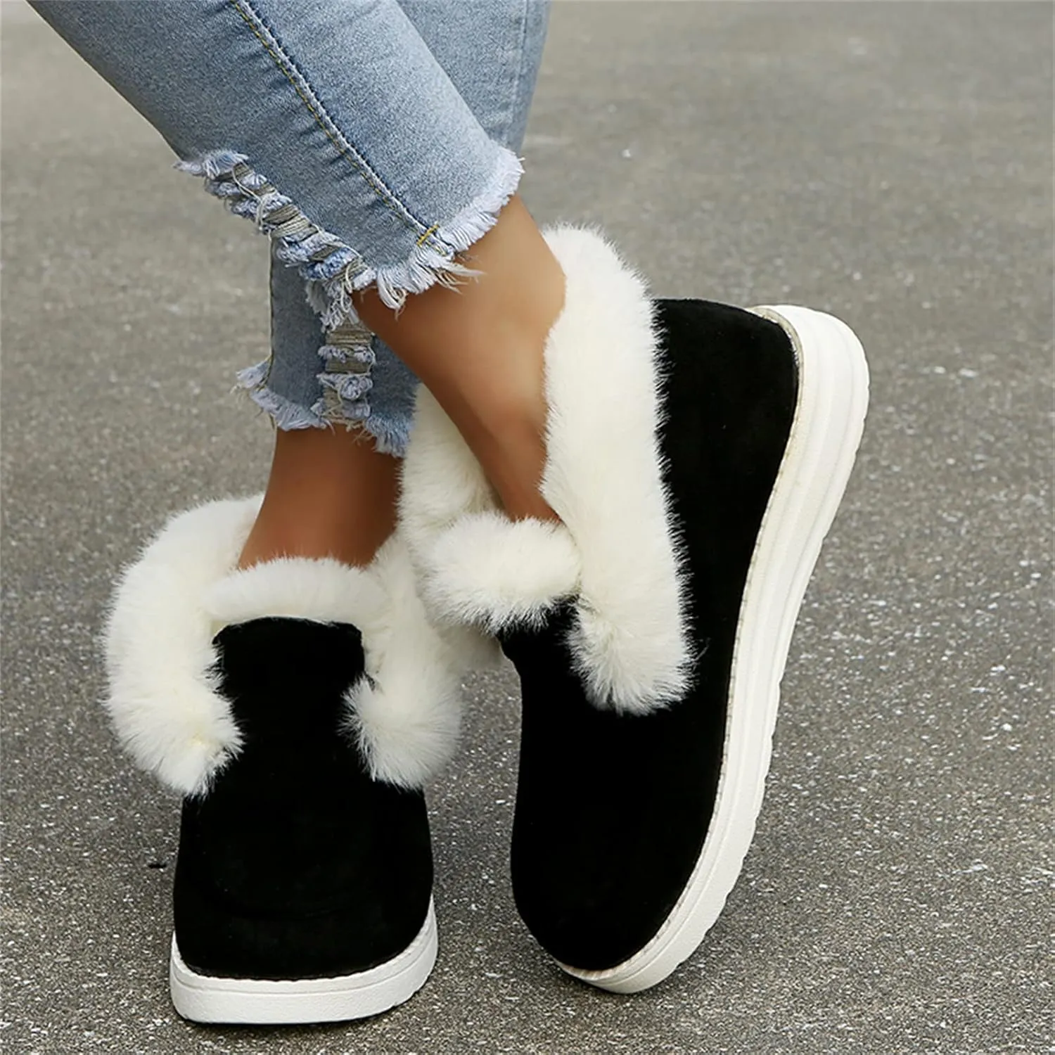 Ladmiple Snow Boots For Women Wide Faux Fur Lined Casual Slip-on Warm Loafers Shoes Winter Ankle Boots Outdoor Walking Shoes
