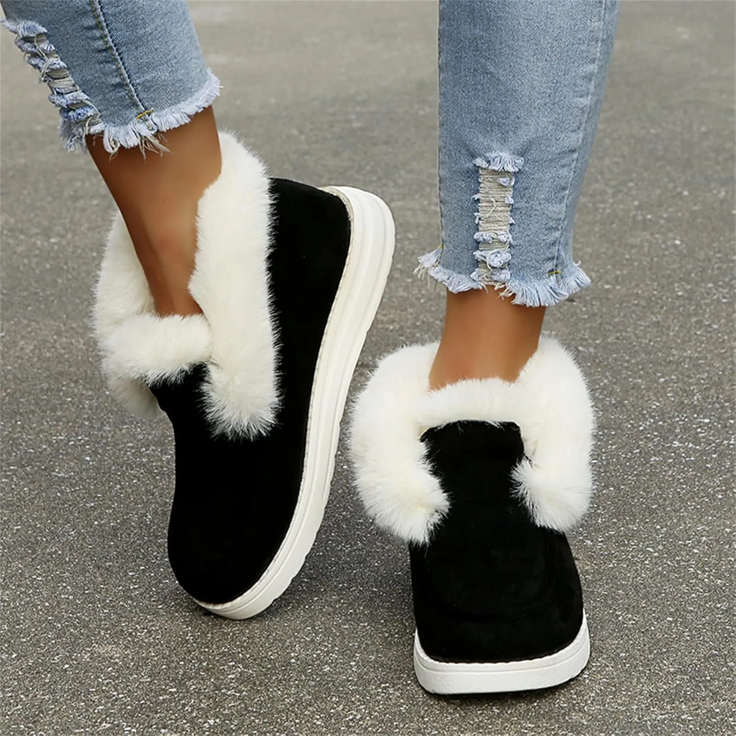 Ladmiple Snow Boots For Women Wide Faux Fur Lined Casual Slip-on Warm Loafers Shoes Winter Ankle Boots Outdoor Walking Shoes