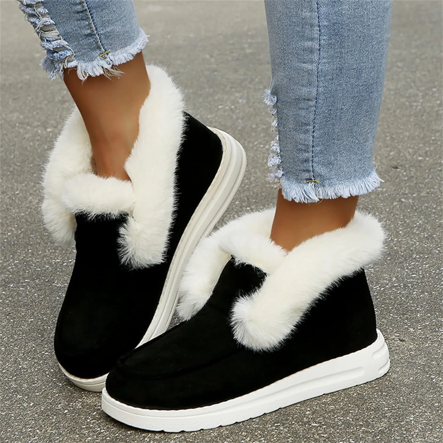 Ladmiple Snow Boots For Women Wide Faux Fur Lined Casual Slip-on Warm Loafers Shoes Winter Ankle Boots Outdoor Walking Shoes