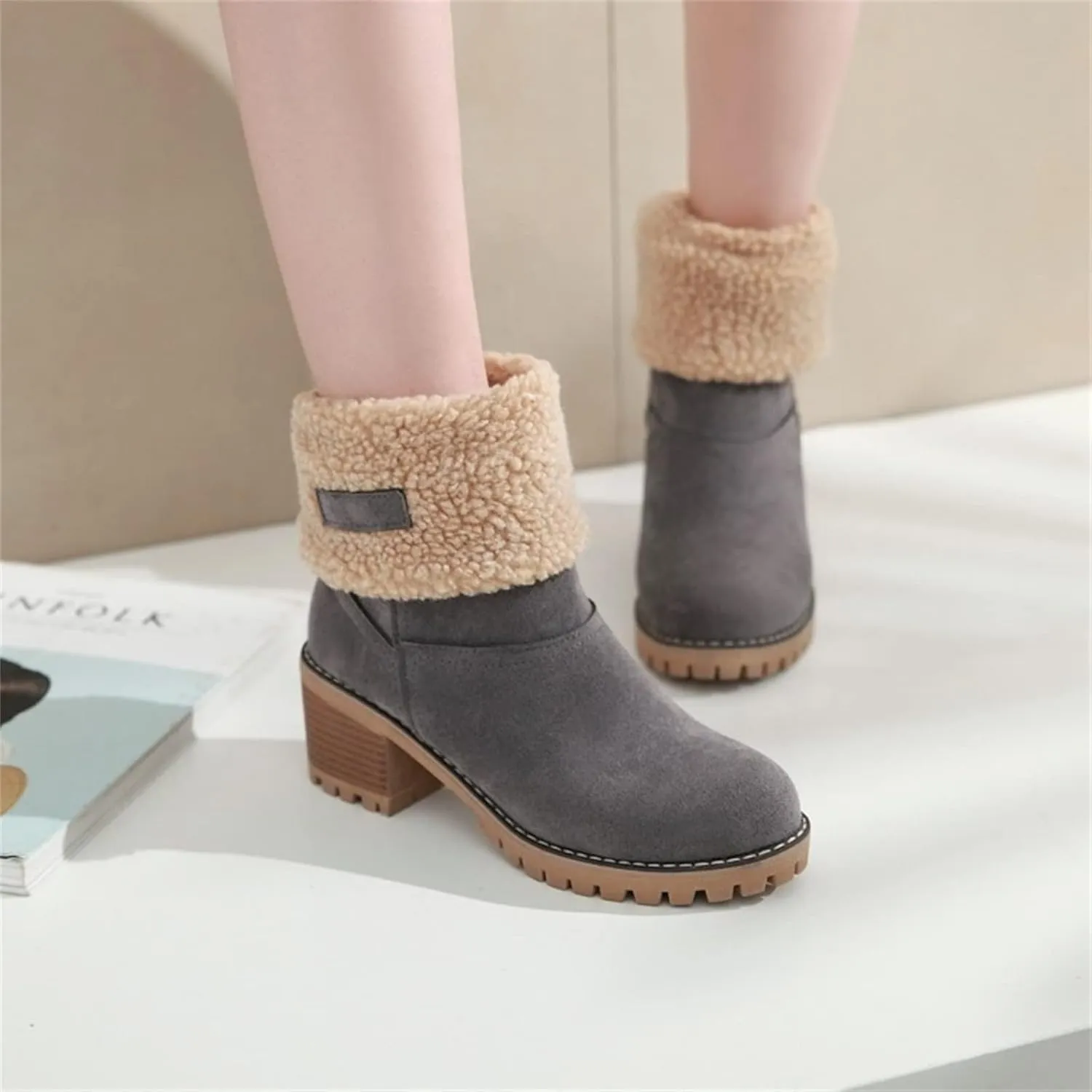 Ladmiple Winter Boots For Women Fashion Warm Faux Fur Lined Mid Calf Snow Boots Comfortable Walking Slip On Ankle Booties