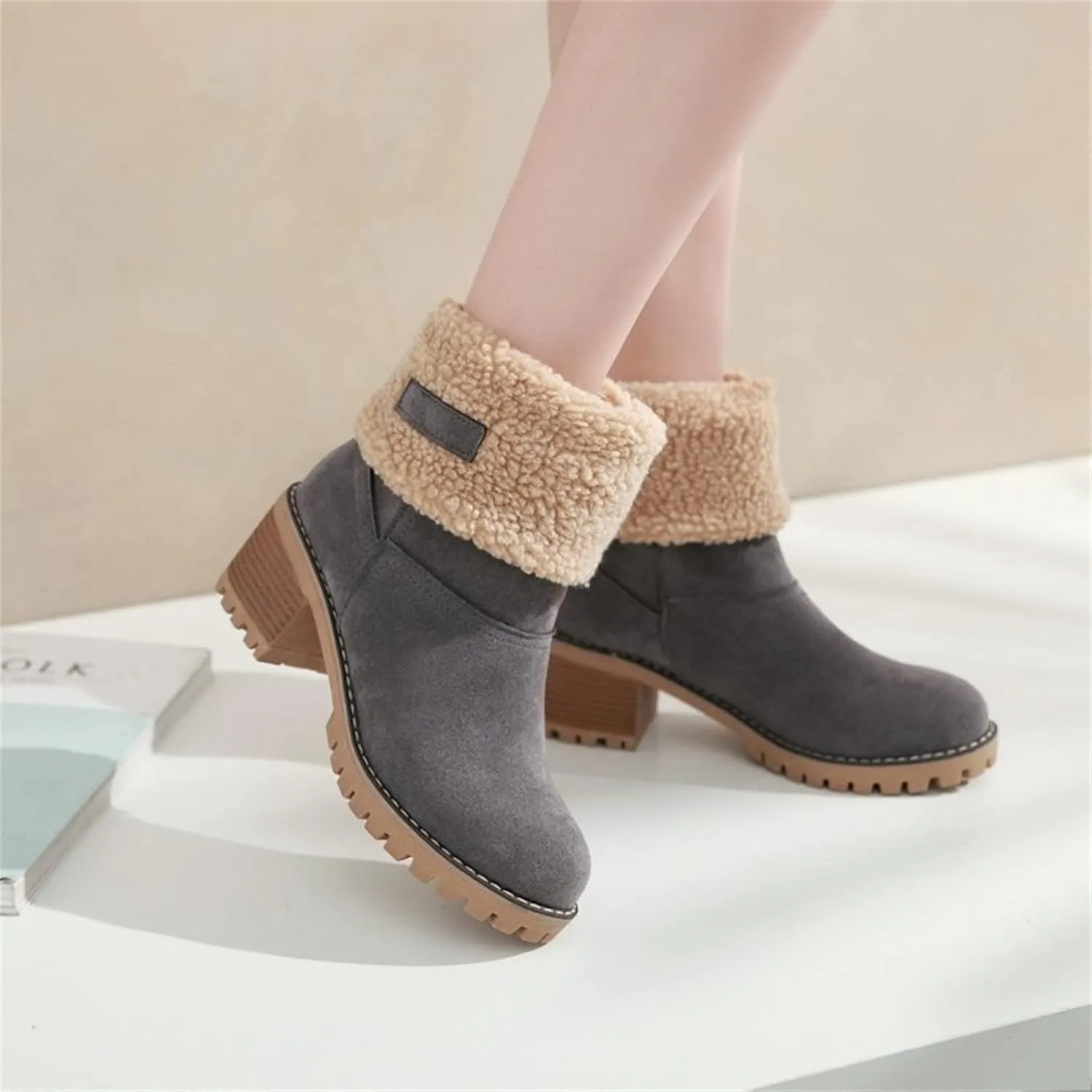 Ladmiple Winter Boots For Women Fashion Warm Faux Fur Lined Mid Calf Snow Boots Comfortable Walking Slip On Ankle Booties