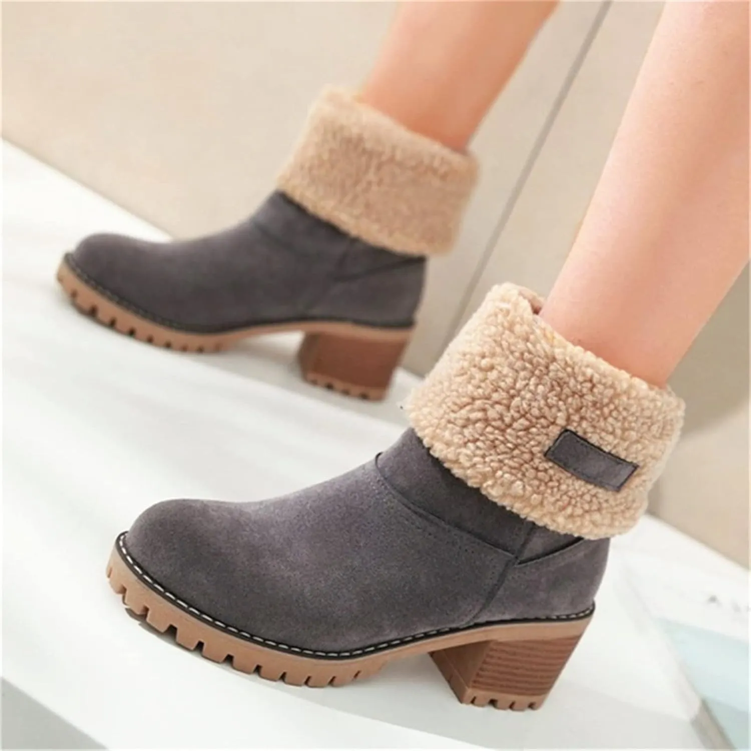 Ladmiple Winter Boots For Women Fashion Warm Faux Fur Lined Mid Calf Snow Boots Comfortable Walking Slip On Ankle Booties