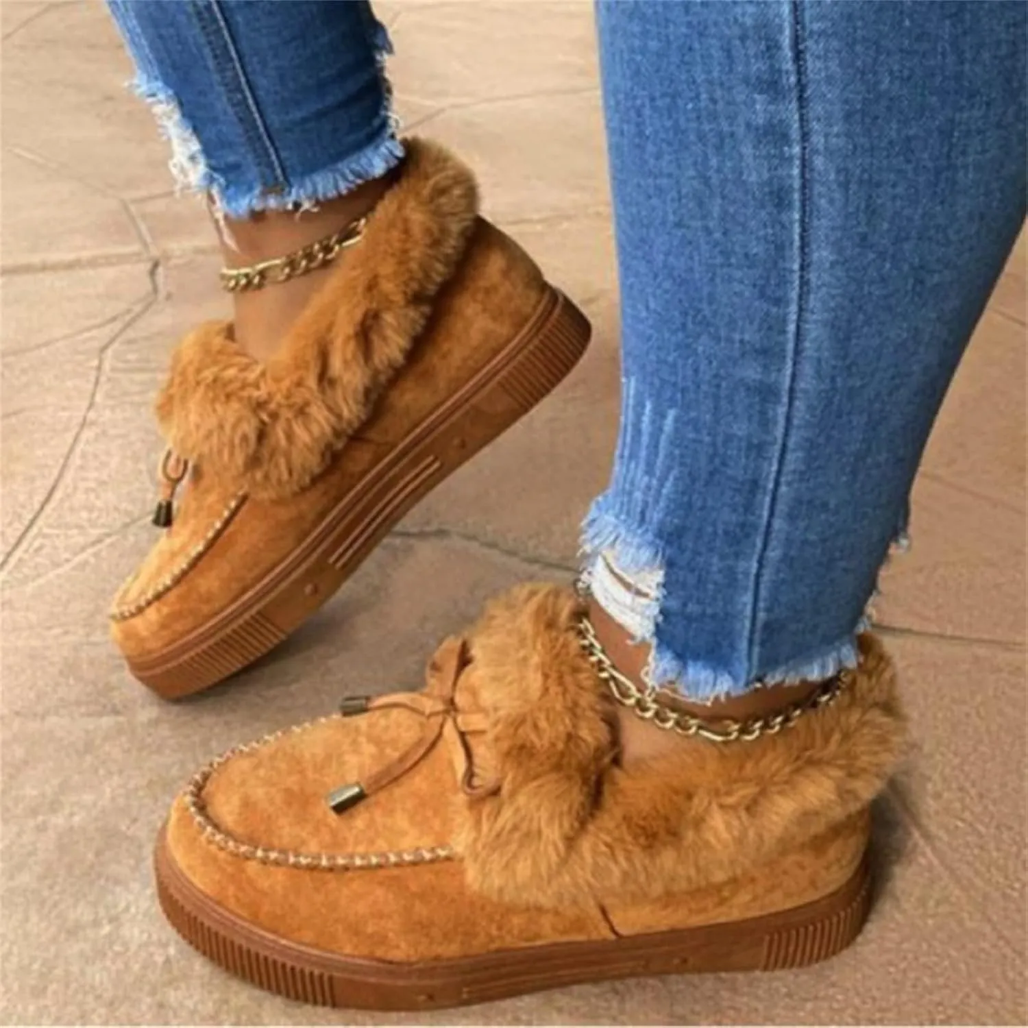 Lausiuoe Boots For Women Ankle Booties With Fur Lined Warm Slip On Comfortable Winter Snow Boots Fashion Casual Loafers Shoes