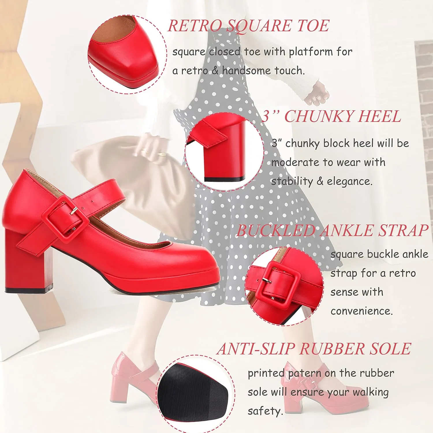 LEHOOR Women Chunky Platform Mary Jane Pumps Square Toe Buckled Ankle Strap 3" Block High Heels Mary Janes Lolita Shoes Goth Punk Heels Closed Toe Sandals Girl Office Work Fashion Trendy 4-15 M US