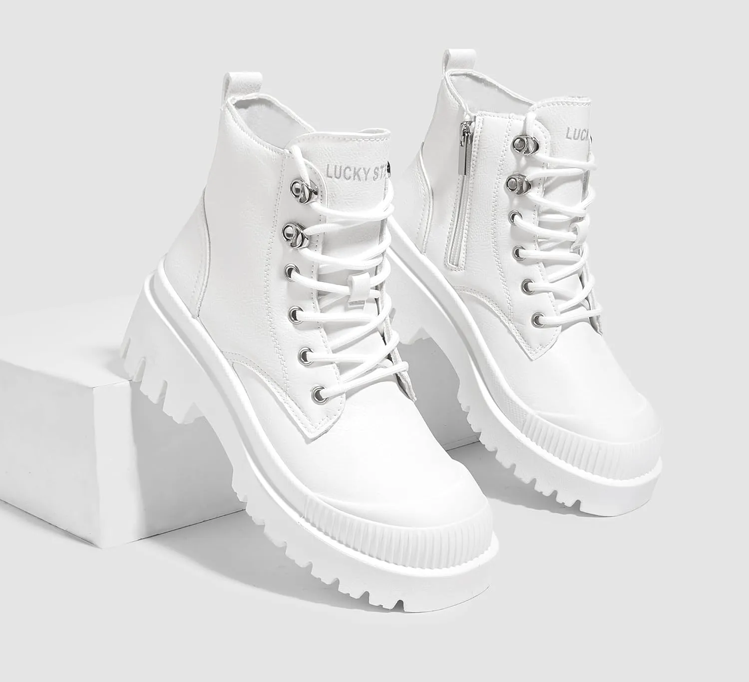 LUCKY STEP Women's Platform Ankle Boots Zipper Fashion Combat Thick Lug Sole Durable Chunky Wedge Booties Shoes
