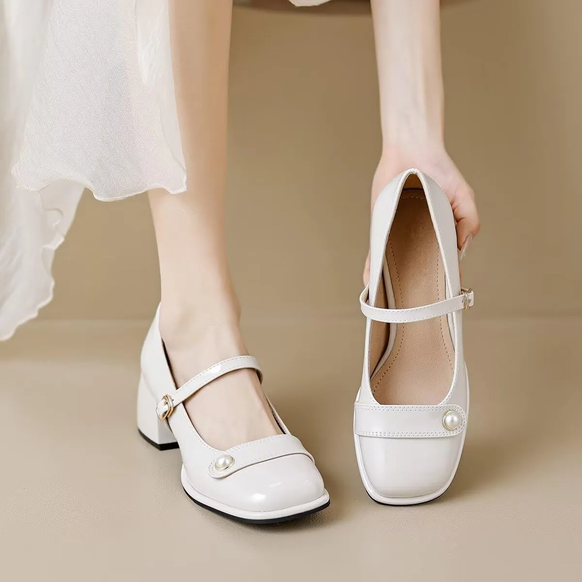LUXINYU Women Square Toe Heels Pearl Elegant Ladies Pumps Heeled Dress Shoes Comfort Work Shoes