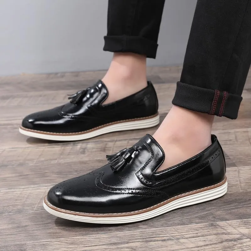 Men's Italian Style Slip-On Brogue Dress Shoes, Formal Business Platform Oxford Loafers with Tassel for Office, Weddings, and Formal Occasions