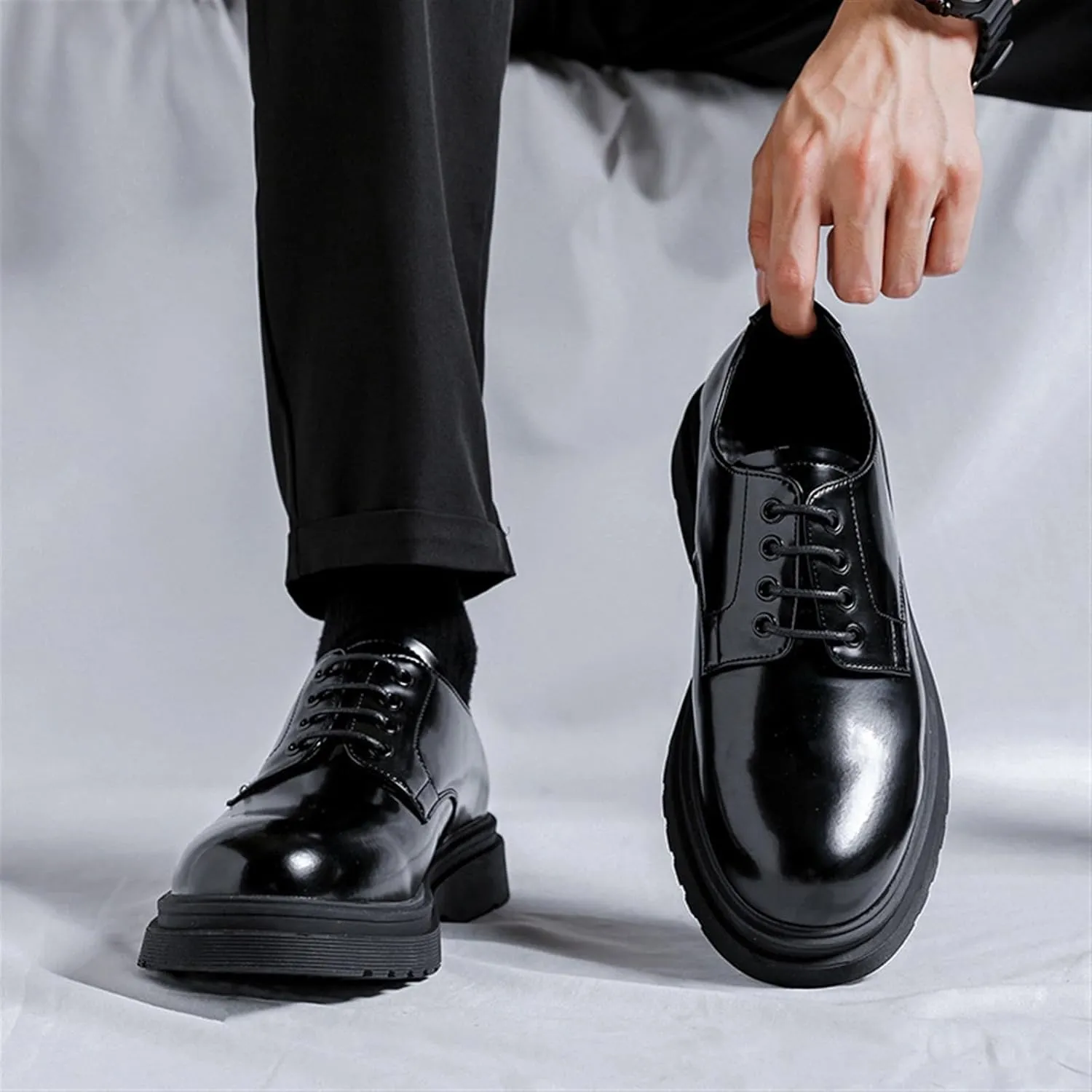 Mens Leather Fashion Business Oxfords Casual Shoes Dress Formal Leather Round Toe Wedding Derby Shoes Lace Up Walking Low-top Formal Shoes for Men