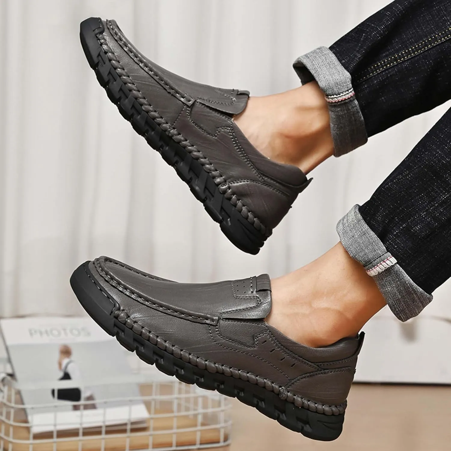 Men's Premium Genuine Cowhide Leather Loafers, Fashion Genuine Leather Casual Walking Shoes, Driving Shoes, Casual Leather Shoes, Pure Hand Sewn Shoes