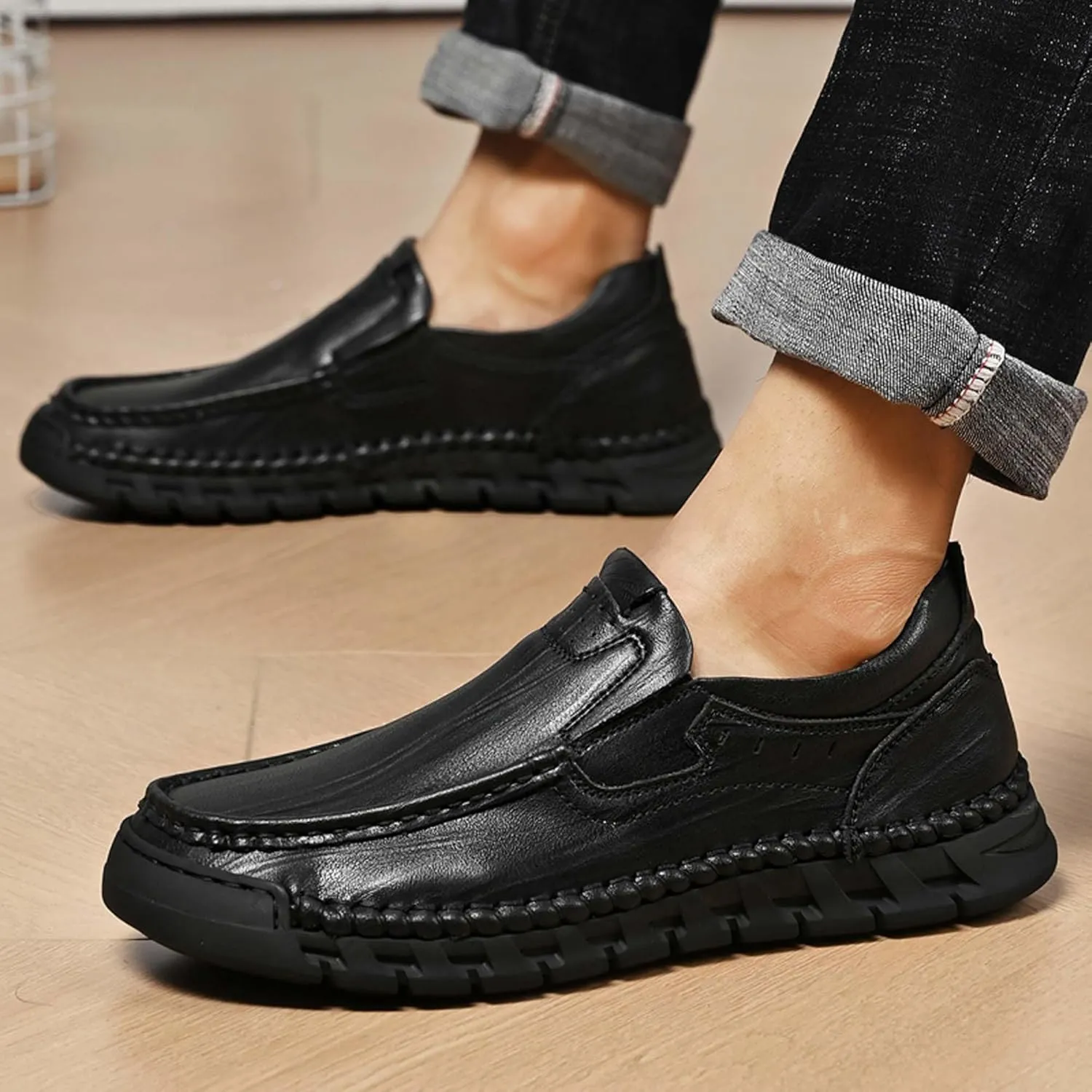 Men's Premium Genuine Cowhide Leather Loafers, Fashion Genuine Leather Casual Walking Shoes, Driving Shoes, Casual Leather Shoes, Pure Hand Sewn Shoes