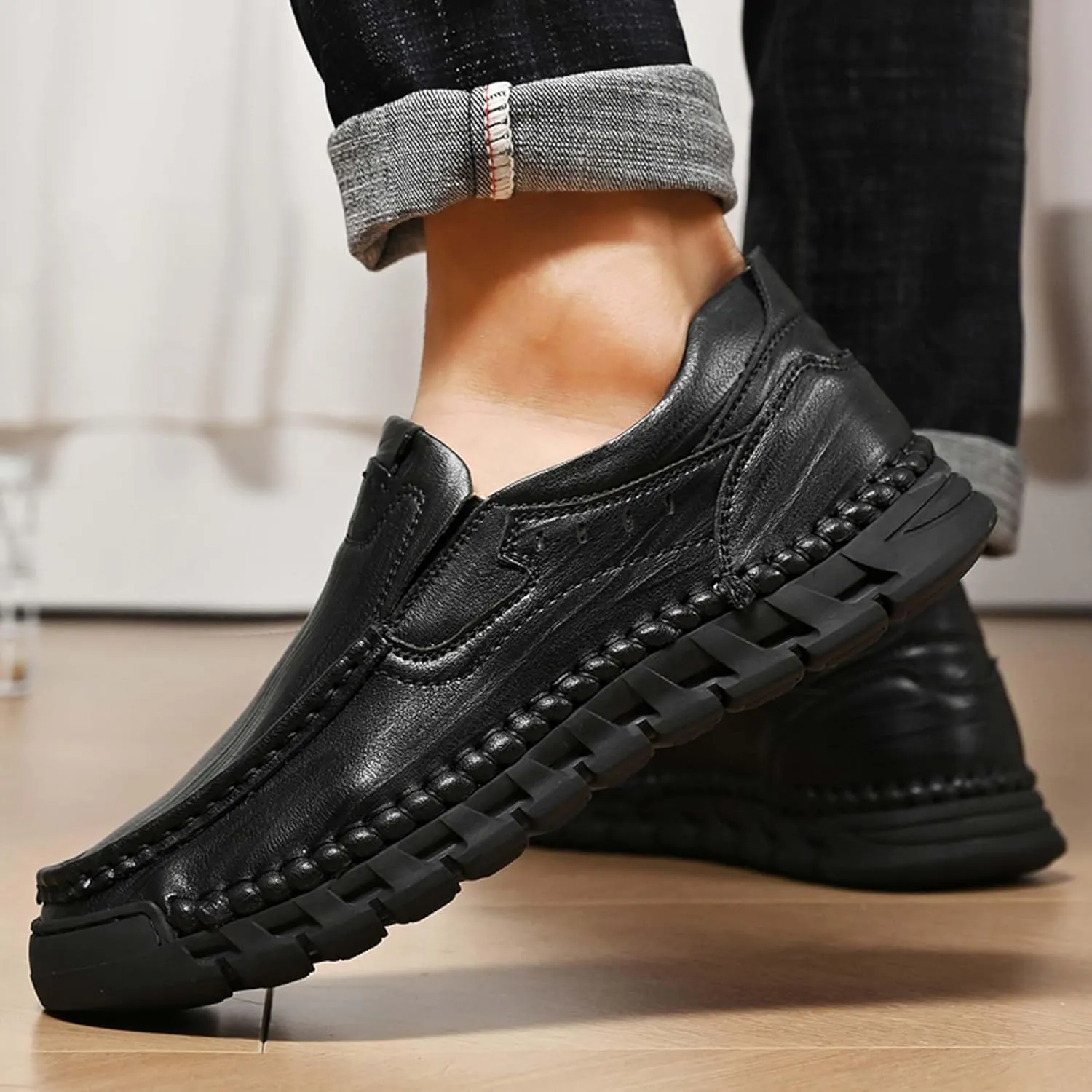 Men's Premium Genuine Cowhide Leather Loafers, Fashion Genuine Leather Casual Walking Shoes, Driving Shoes, Casual Leather Shoes, Pure Hand Sewn Shoes