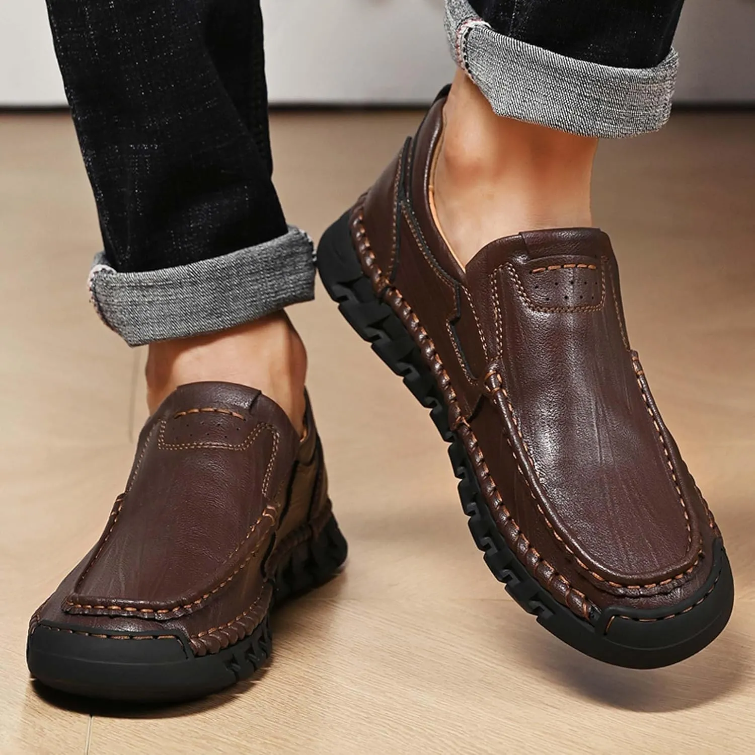 Men's Premium Genuine Cowhide Leather Loafers, Fashion Genuine Leather Casual Walking Shoes, Driving Shoes, Casual Leather Shoes, Pure Hand Sewn Shoes