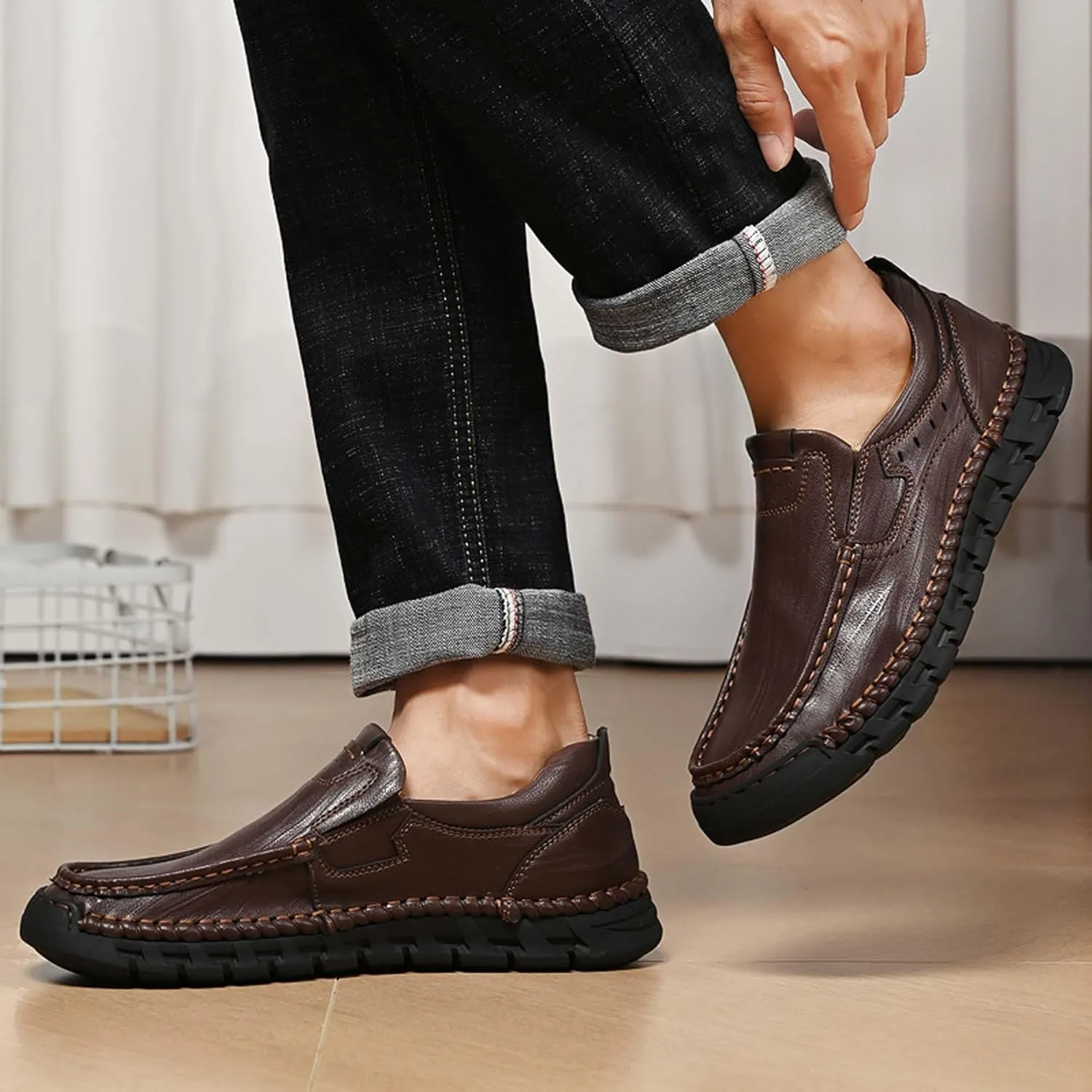 Men's Premium Genuine Cowhide Leather Loafers, Fashion Genuine Leather Casual Walking Shoes, Driving Shoes, Casual Leather Shoes, Pure Hand Sewn Shoes