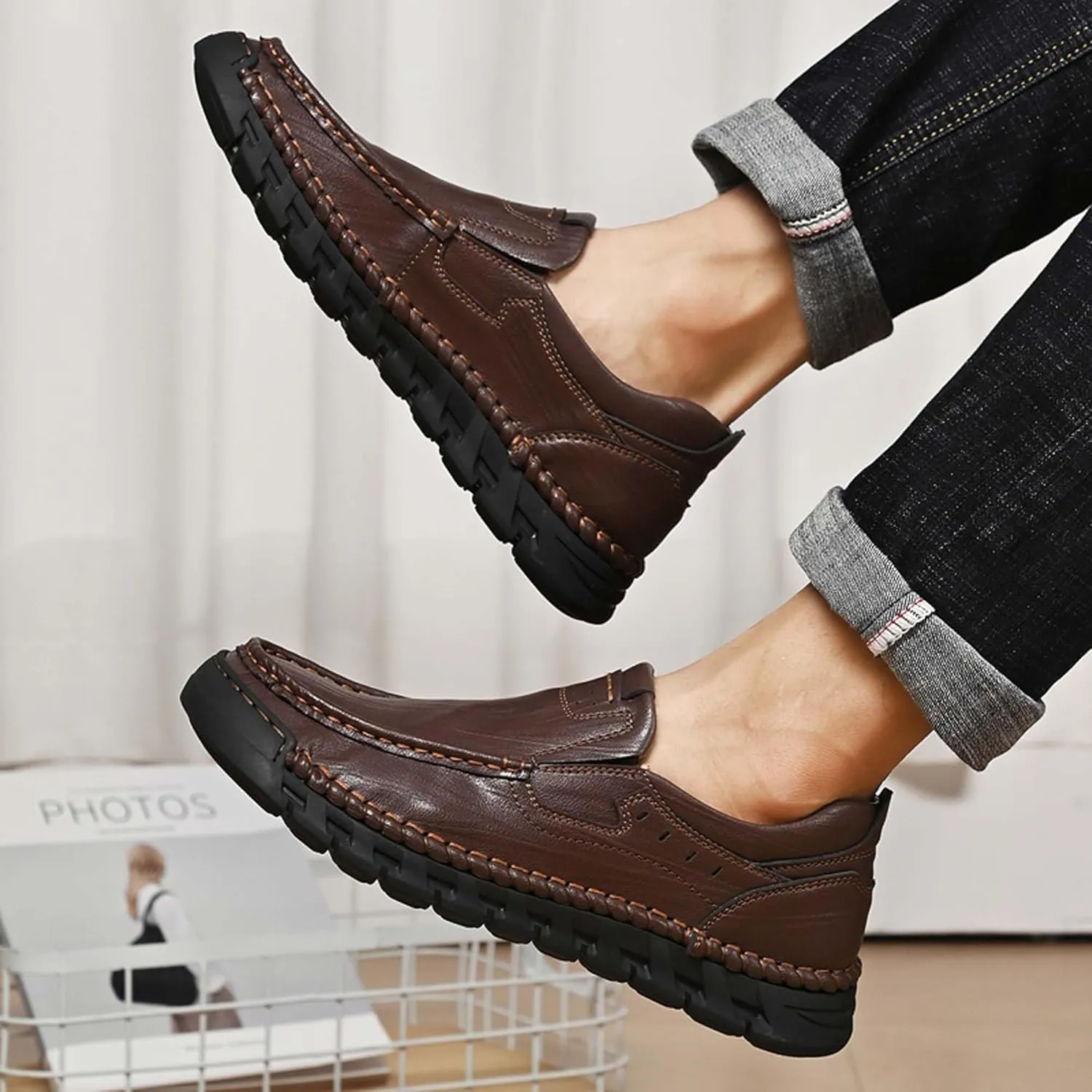 Men's Premium Genuine Cowhide Leather Loafers, Fashion Genuine Leather Casual Walking Shoes, Driving Shoes, Casual Leather Shoes, Pure Hand Sewn Shoes
