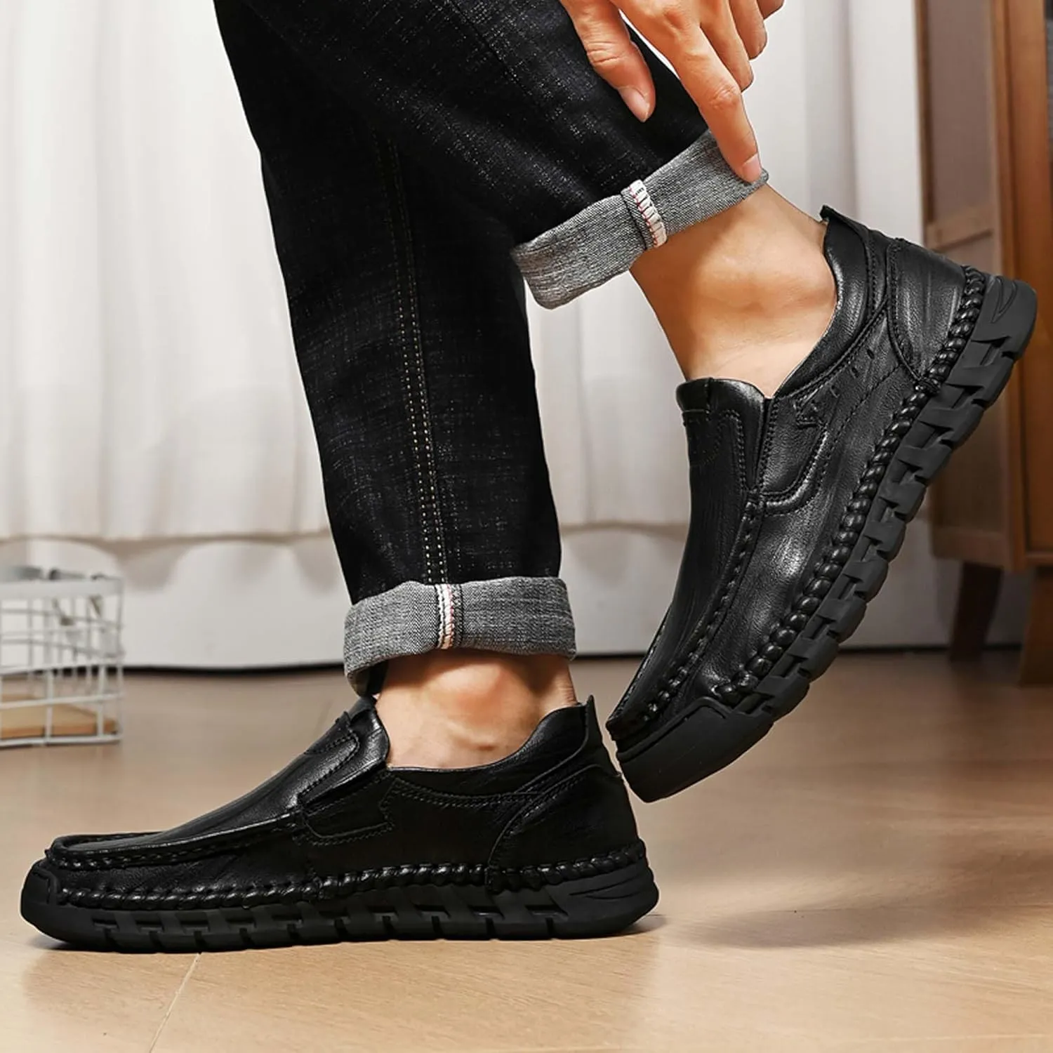 Men's Premium Genuine Cowhide Leather Loafers, Fashion Genuine Leather Casual Walking Shoes, Driving Shoes, Casual Leather Shoes, Pure Hand Sewn Shoes