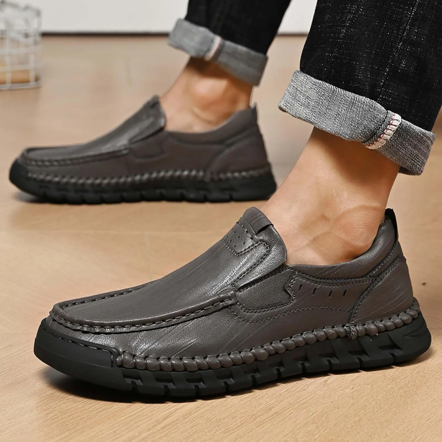 Men's Premium Genuine Cowhide Leather Loafers, Fashion Genuine Leather Casual Walking Shoes, Driving Shoes, Casual Leather Shoes, Pure Hand Sewn Shoes