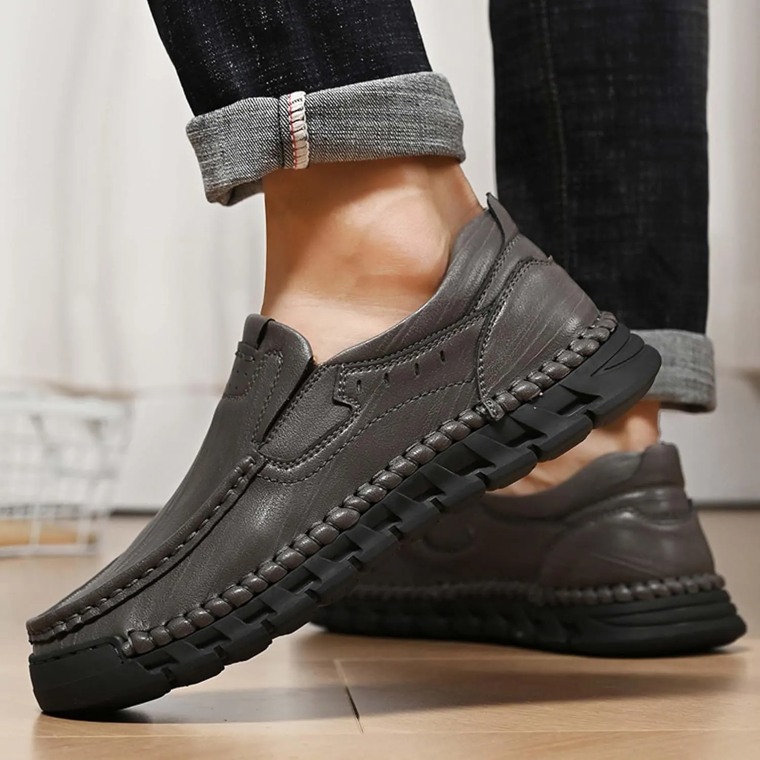 Men's Premium Genuine Cowhide Leather Loafers, Fashion Genuine Leather Casual Walking Shoes, Driving Shoes, Casual Leather Shoes, Pure Hand Sewn Shoes