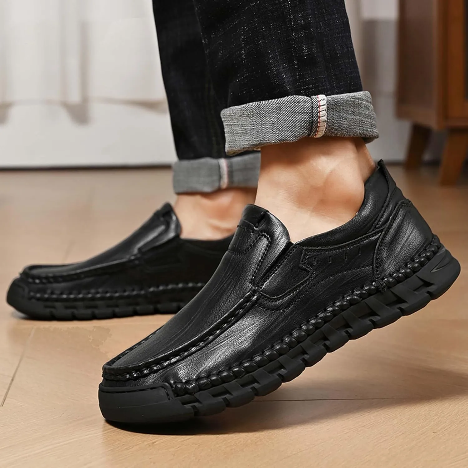 Men's Premium Genuine Cowhide Leather Loafers, Fashion Genuine Leather Casual Walking Shoes, Driving Shoes, Casual Leather Shoes, Pure Hand Sewn Shoes