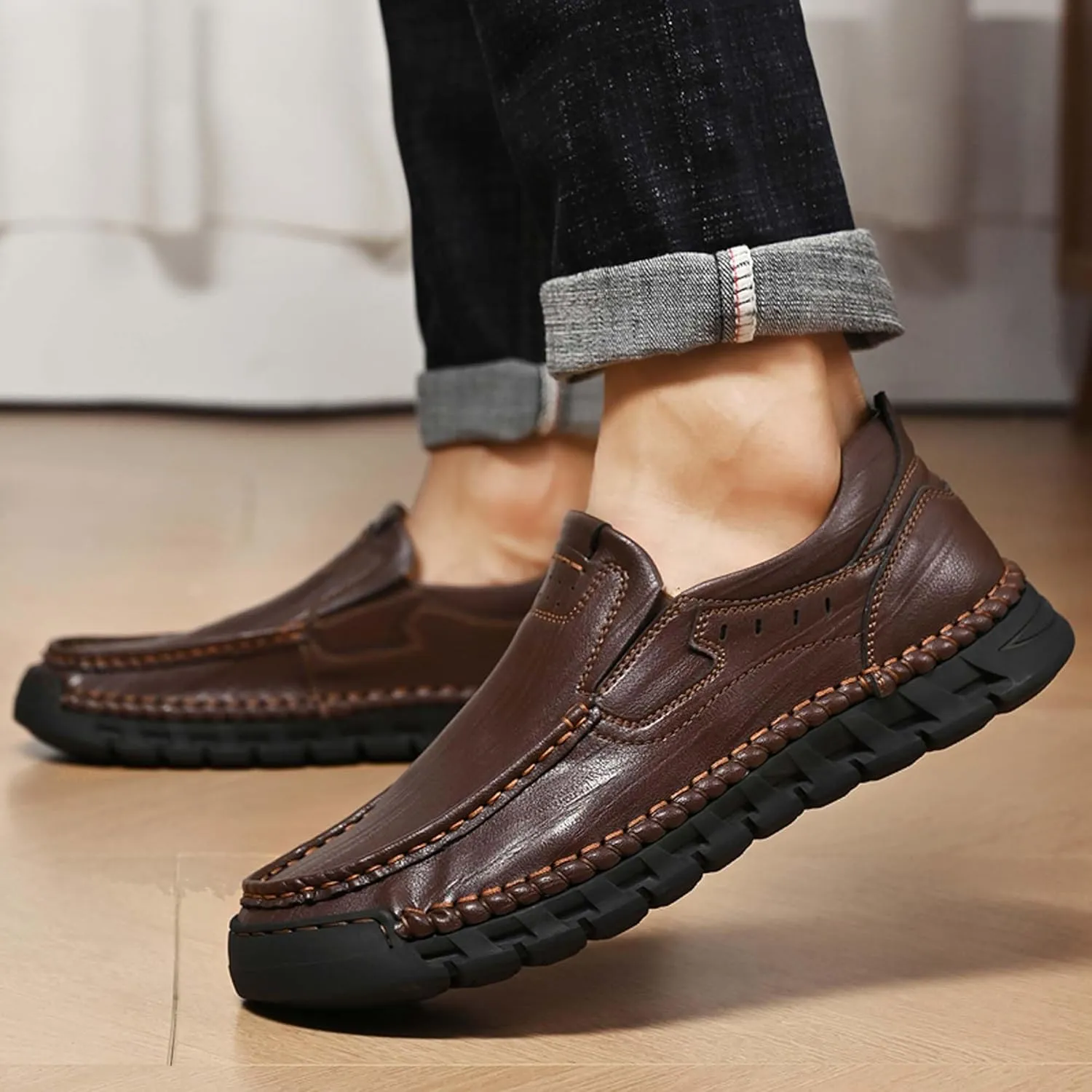 Men's Premium Genuine Cowhide Leather Loafers, Fashion Genuine Leather Casual Walking Shoes, Driving Shoes, Casual Leather Shoes, Pure Hand Sewn Shoes