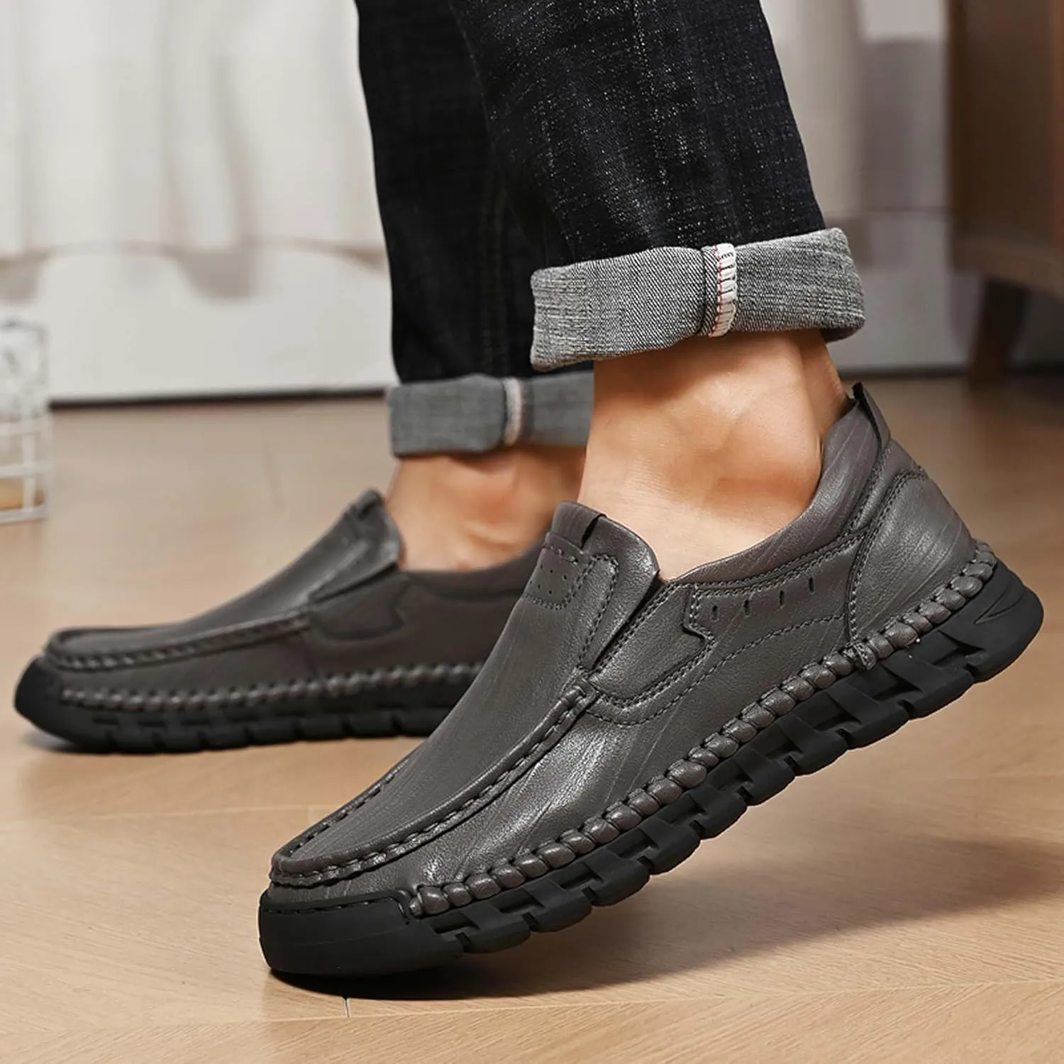 Men's Premium Genuine Cowhide Leather Loafers, Fashion Genuine Leather Casual Walking Shoes, Driving Shoes, Casual Leather Shoes, Pure Hand Sewn Shoes