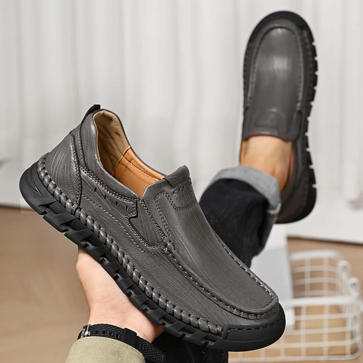 Men's Premium Genuine Cowhide Leather Loafers, Fashion Genuine Leather Casual Walking Shoes, Driving Shoes, Casual Leather Shoes, Pure Hand Sewn Shoes
