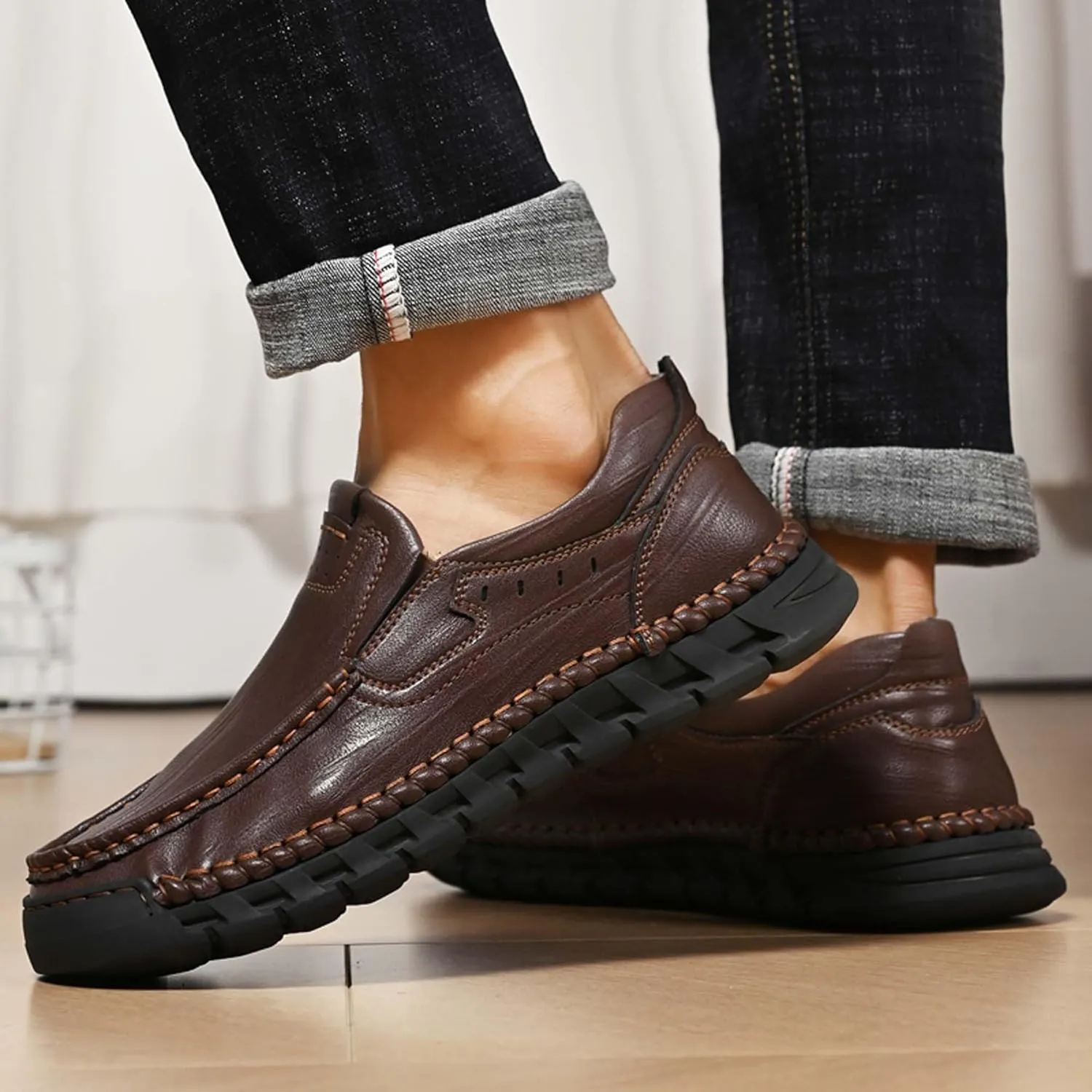 Men's Premium Genuine Cowhide Leather Loafers, Fashion Genuine Leather Casual Walking Shoes, Driving Shoes, Casual Leather Shoes, Pure Hand Sewn Shoes