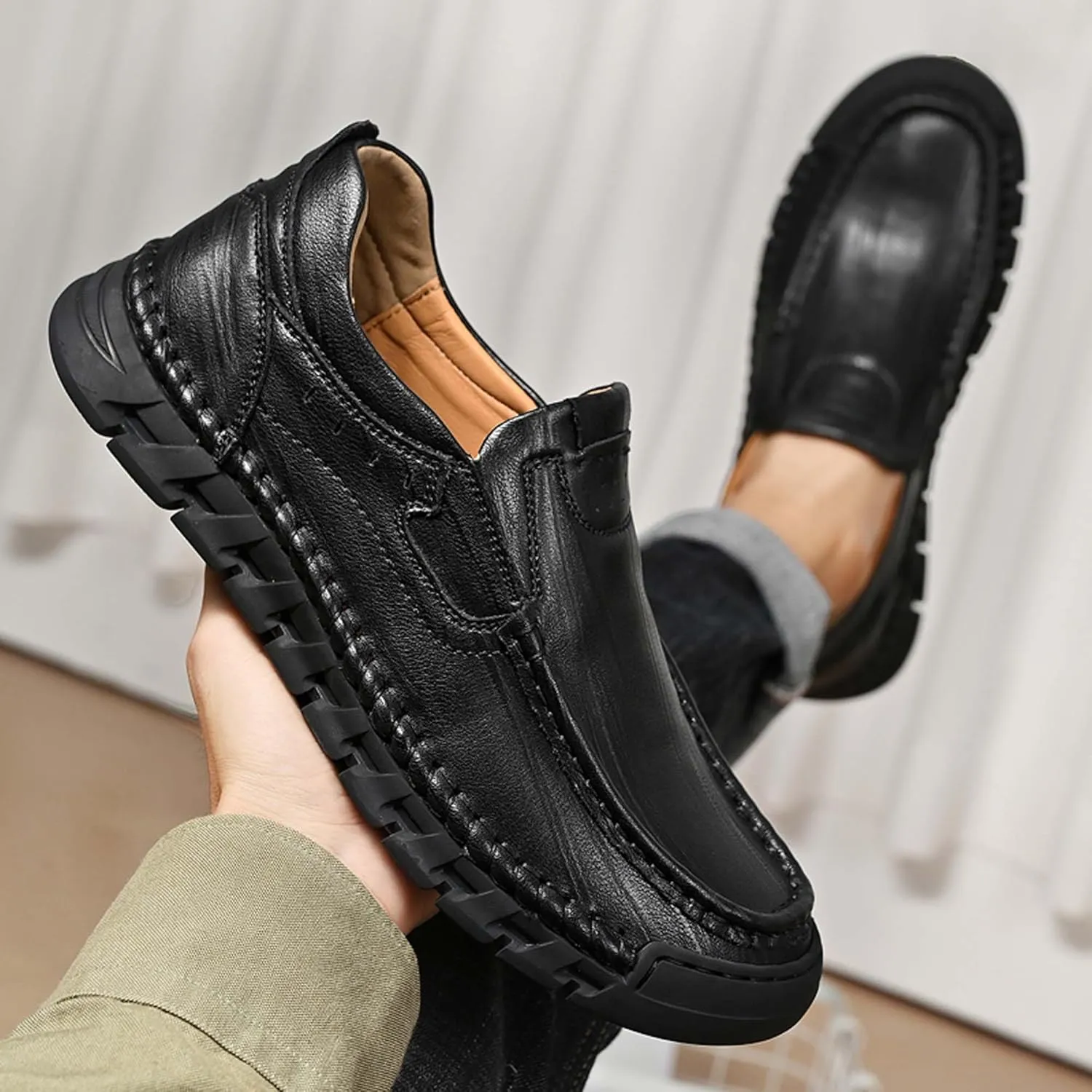 Men's Premium Genuine Cowhide Leather Loafers, Fashion Genuine Leather Casual Walking Shoes, Driving Shoes, Casual Leather Shoes, Pure Hand Sewn Shoes
