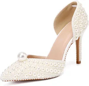 Minishion Womens Slip On Shoes for Wedding with Pearl Beaded Elegant Evening Prom Pumps