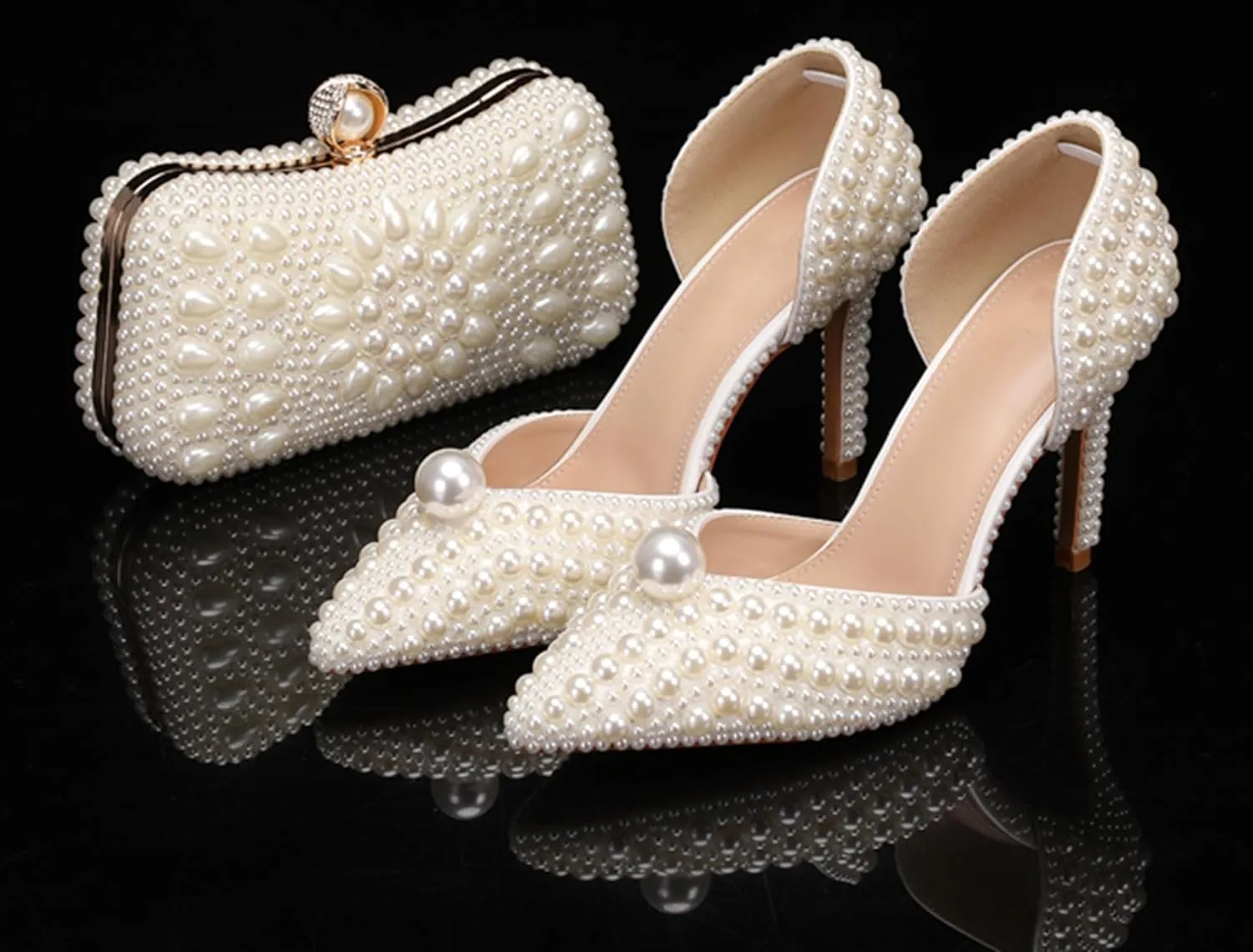 Minishion Womens Slip On Shoes for Wedding with Pearl Beaded Elegant Evening Prom Pumps