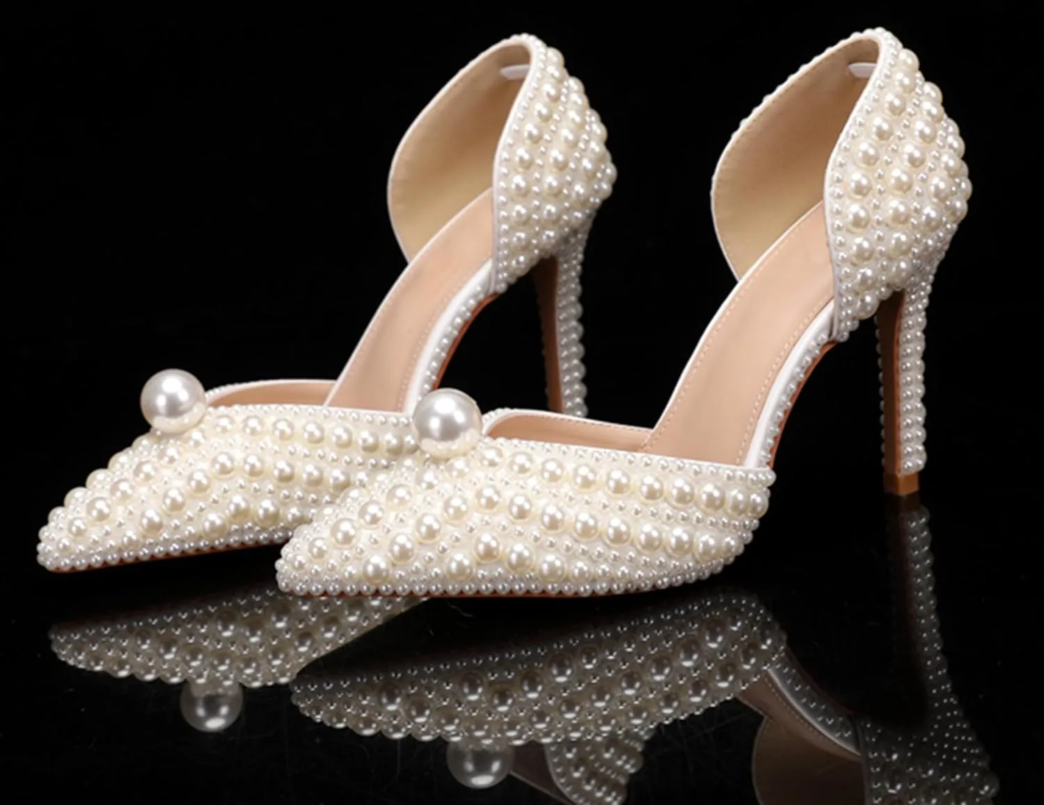 Minishion Womens Slip On Shoes for Wedding with Pearl Beaded Elegant Evening Prom Pumps
