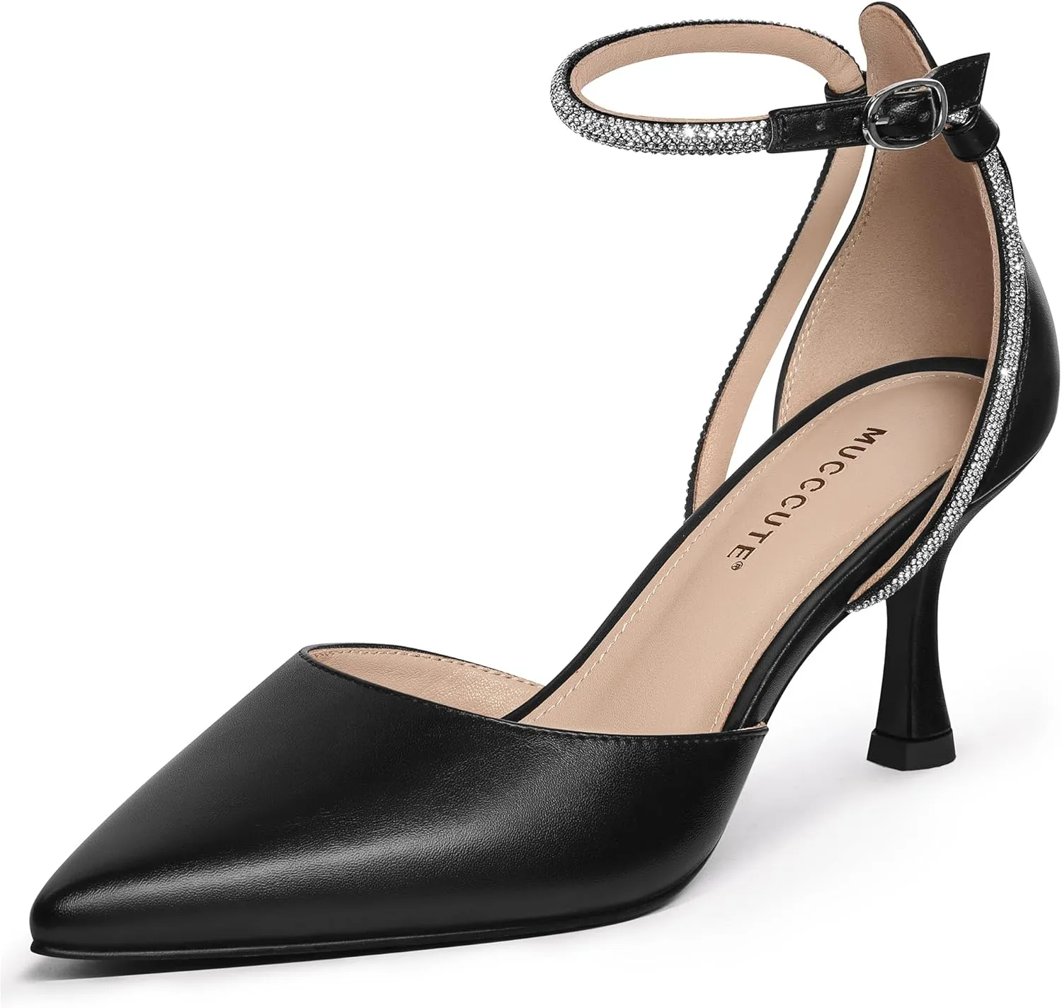 MUCCCUTE Kitten Heels for Women Closed Pointed Toe Heels Rhinestone Ankle Strap Elegant Comfortable Dressy Wedding Party Work Pumps