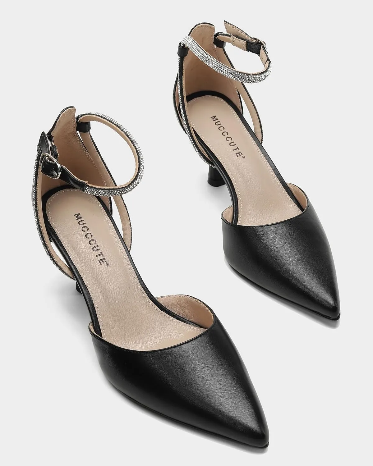 MUCCCUTE Kitten Heels for Women Closed Pointed Toe Heels Rhinestone Ankle Strap Elegant Comfortable Dressy Wedding Party Work Pumps