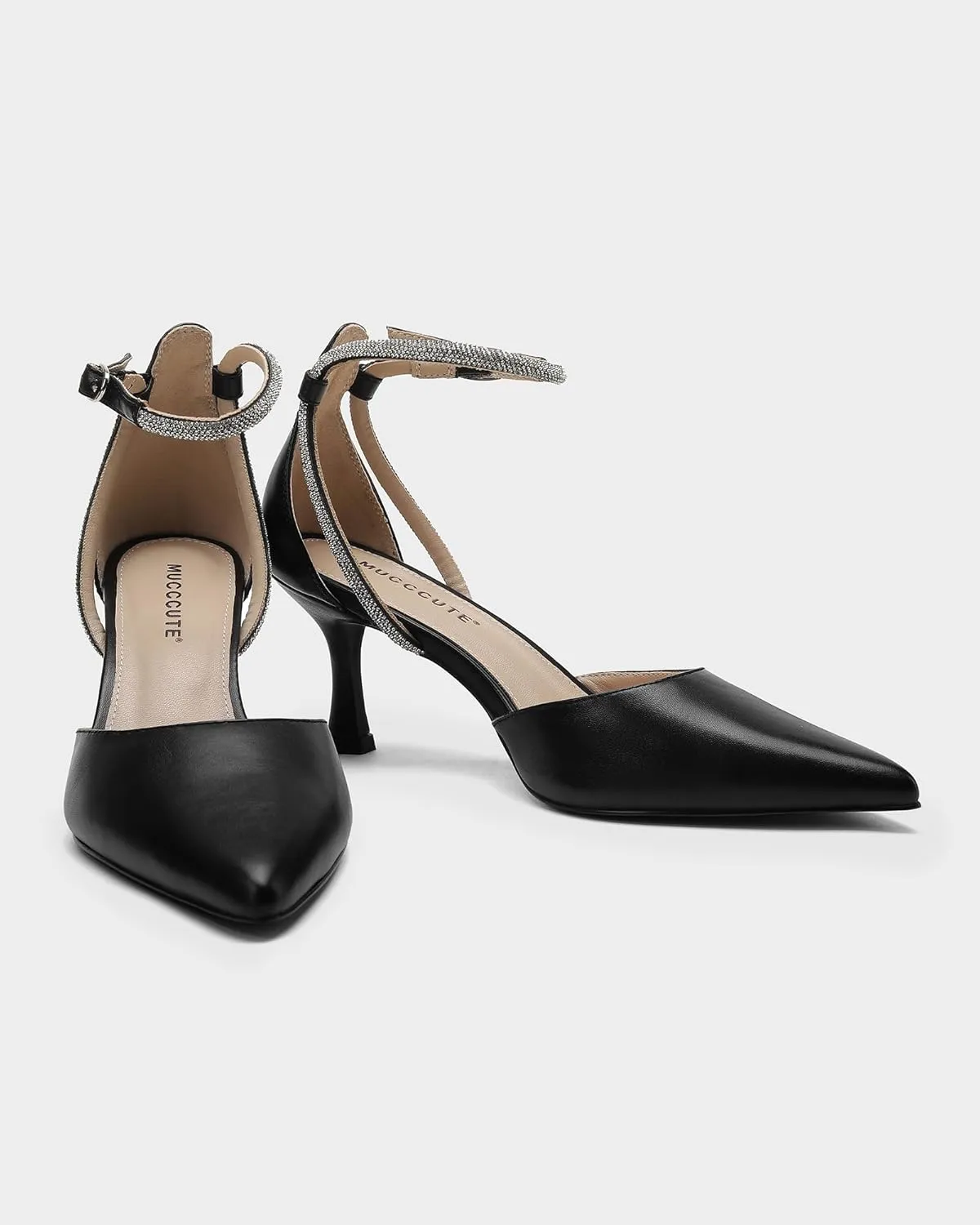MUCCCUTE Kitten Heels for Women Closed Pointed Toe Heels Rhinestone Ankle Strap Elegant Comfortable Dressy Wedding Party Work Pumps