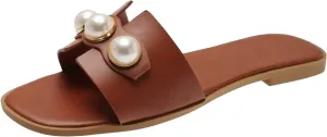 Open Toe Sandals for Women Pearls Notch Cut Shoes Flat Slides Comfort Summer Beach Slipper Soft House Slide Sandal