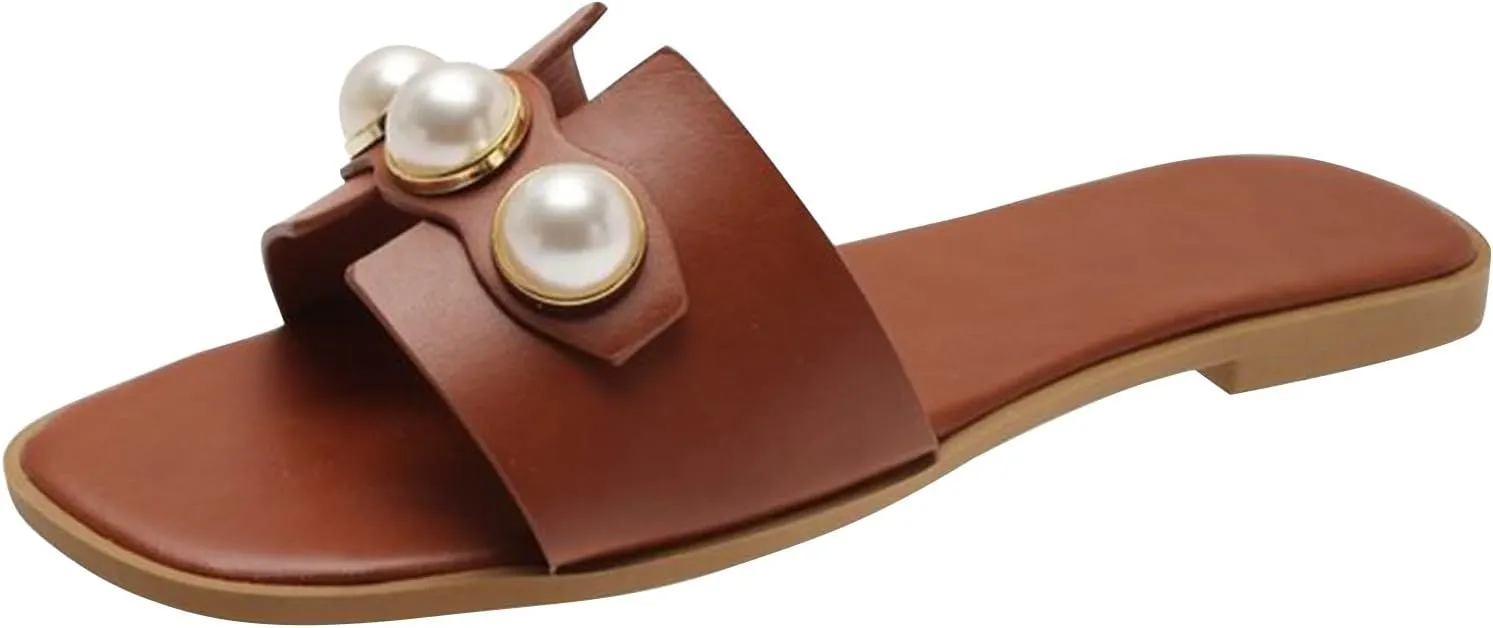 Open Toe Sandals for Women Pearls Notch Cut Shoes Flat Slides Comfort Summer Beach Slipper Soft House Slide Sandal