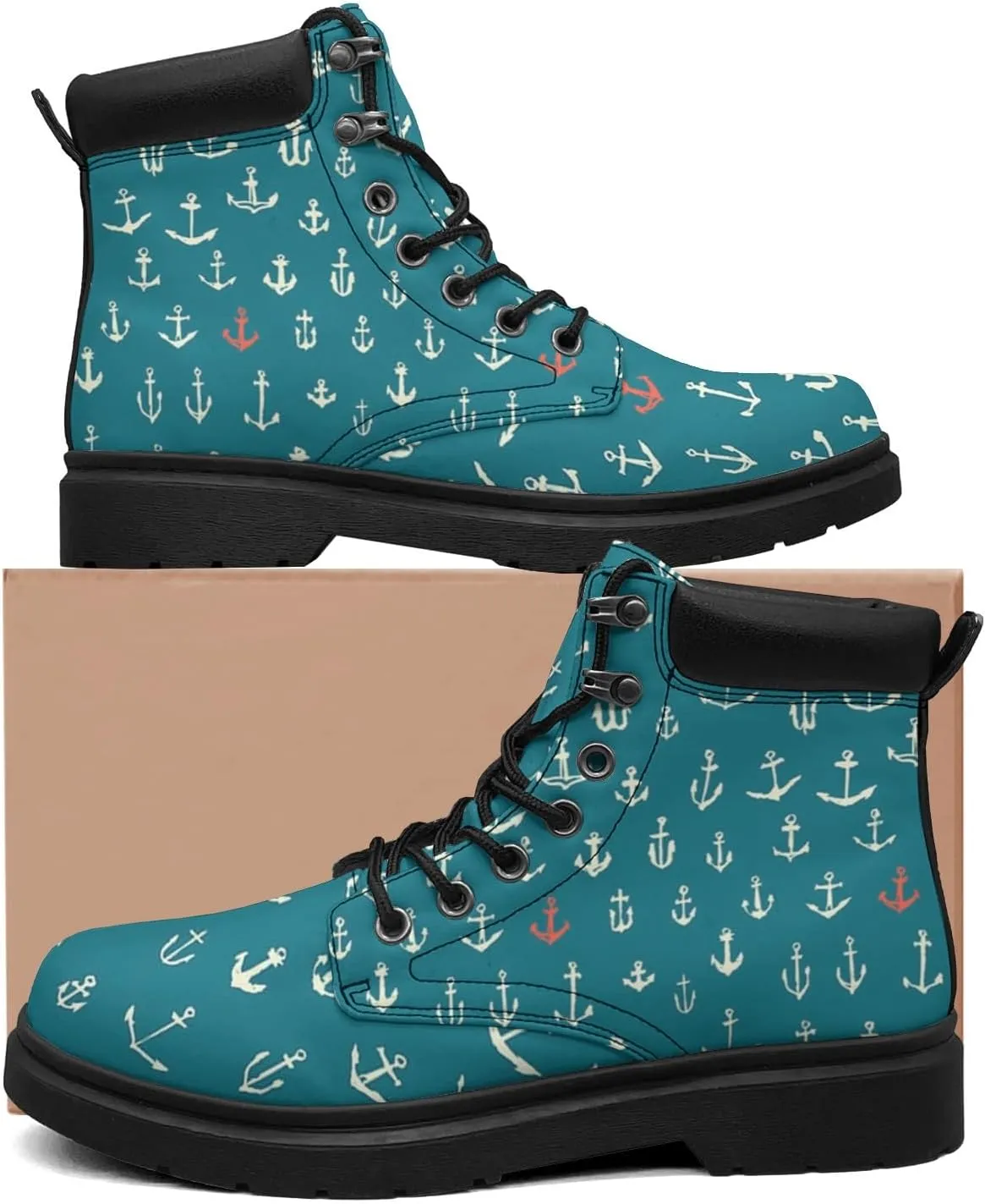 Pitovozu Navy Sea Anchor Sailboat Boots Womens Mens Snow Boots Ankle Anti-Slip Combat Boots Lace Up Waterproof Leather Boots Shoes Gifts for Women Men